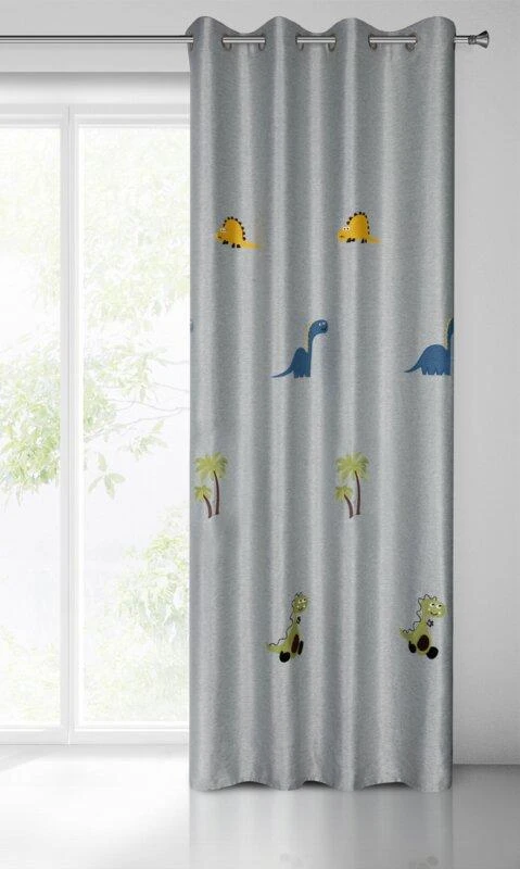 Eurofirany Vaikų kambario užuolaida su dinozaurais, sidabrinė su žalia aplikacija, 140x250 cm, paruošta užuolaida su žiedais, saulę blokuojantis poliesterio audinys, naktinė užuolaida vaikams