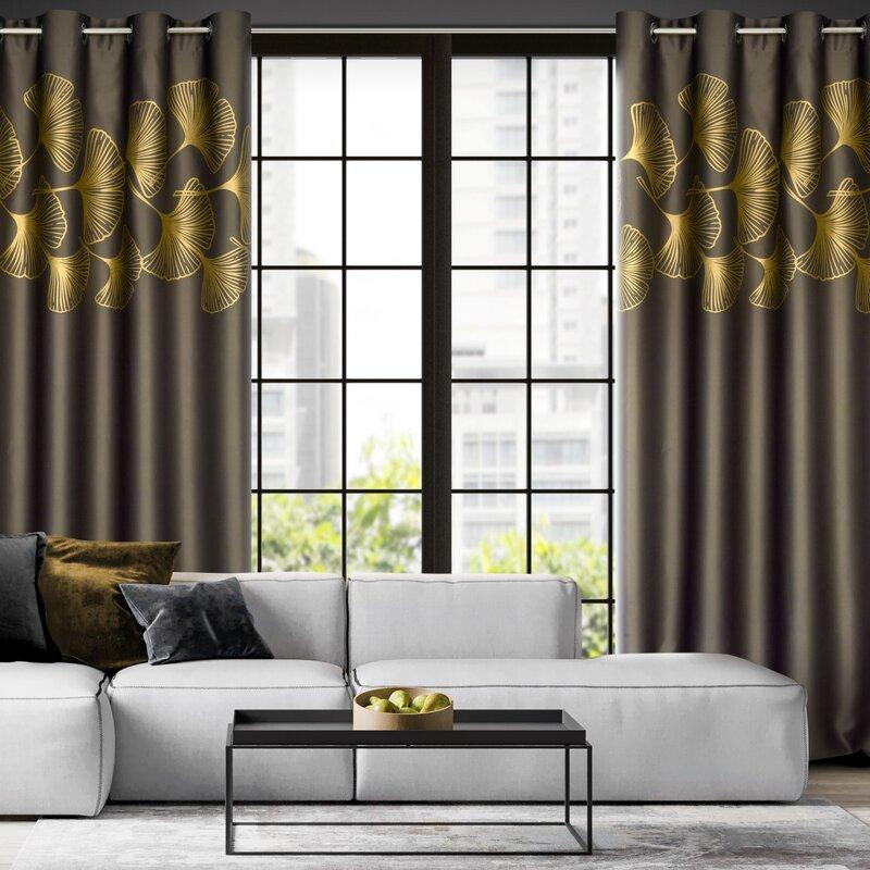 Eurofirany Naktinė blackout tipo temdanti užuolaida HARMONY su blizgiu ginkmedžio raštu, 140 X 250 cm, žiedai, spalva: ruda, auksinė
