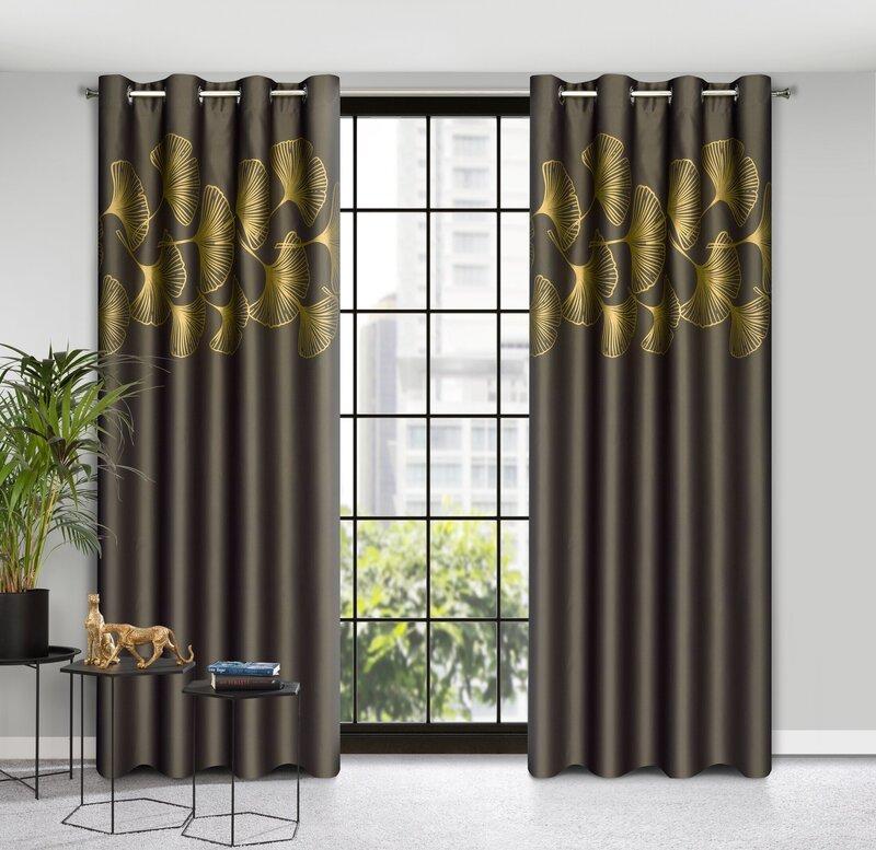 Eurofirany Naktinė blackout tipo temdanti užuolaida HARMONY su blizgiu ginkmedžio raštu, 140 X 250 cm, žiedai, spalva: ruda, auksinė