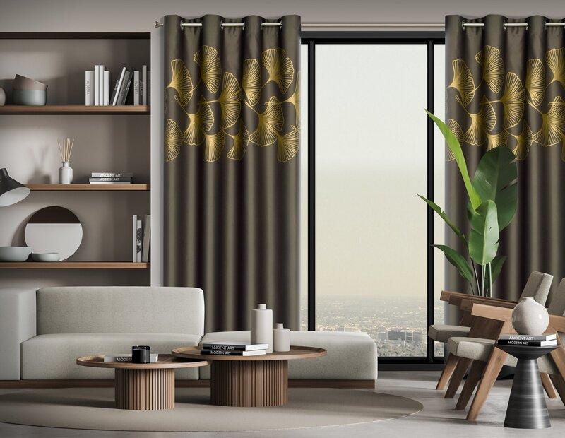 Eurofirany Naktinė blackout tipo temdanti užuolaida HARMONY su blizgiu ginkmedžio raštu, 140 X 250 cm, žiedai, spalva: ruda, auksinė
