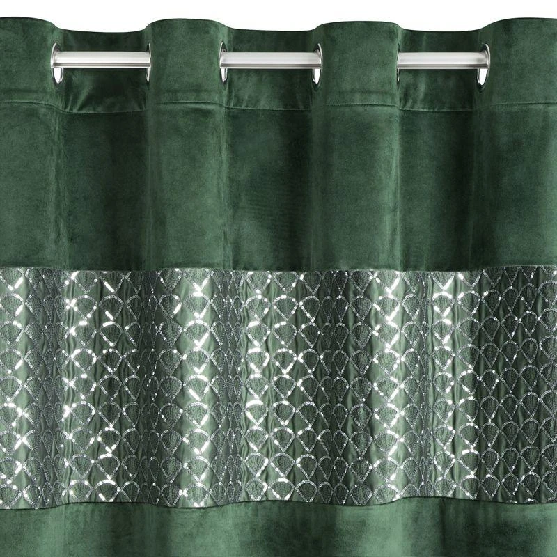 Eurofirany MARGOT Naktinė užuolaida iš aksomo su siuvinėjimu dekoruota juosta ir blizgučiais, 140X250 cm, kilpos /žiedai, spalva: tamsiai žalia