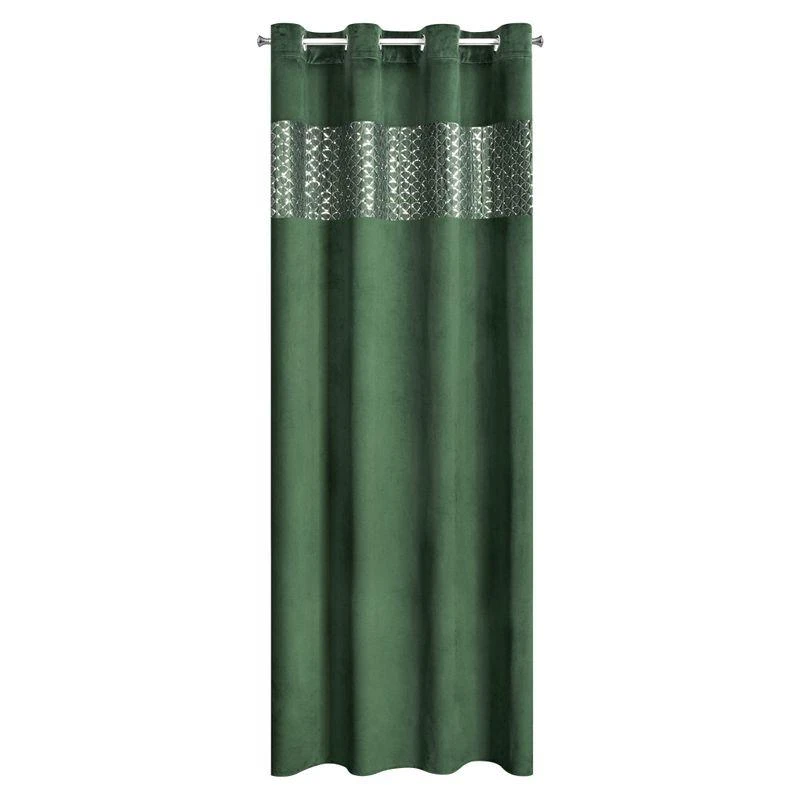 Eurofirany MARGOT Naktinė užuolaida iš aksomo su siuvinėjimu dekoruota juosta ir blizgučiais, 140X250 cm, kilpos /žiedai, spalva: tamsiai žalia