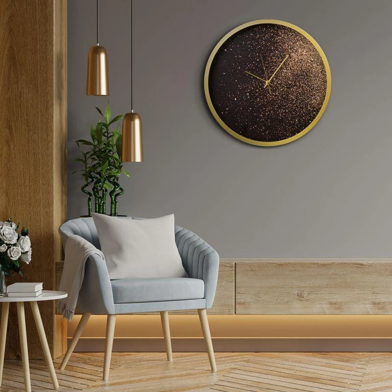 Eurofirany Juodas dekoratyvinis sieninis laikrodis, 60 cm pločio, 5 cm gylio, 60 cm aukščio, veikiantis su baterijomis, geležies ir MDF rėmas su stiklu, modernus interjero akcentas