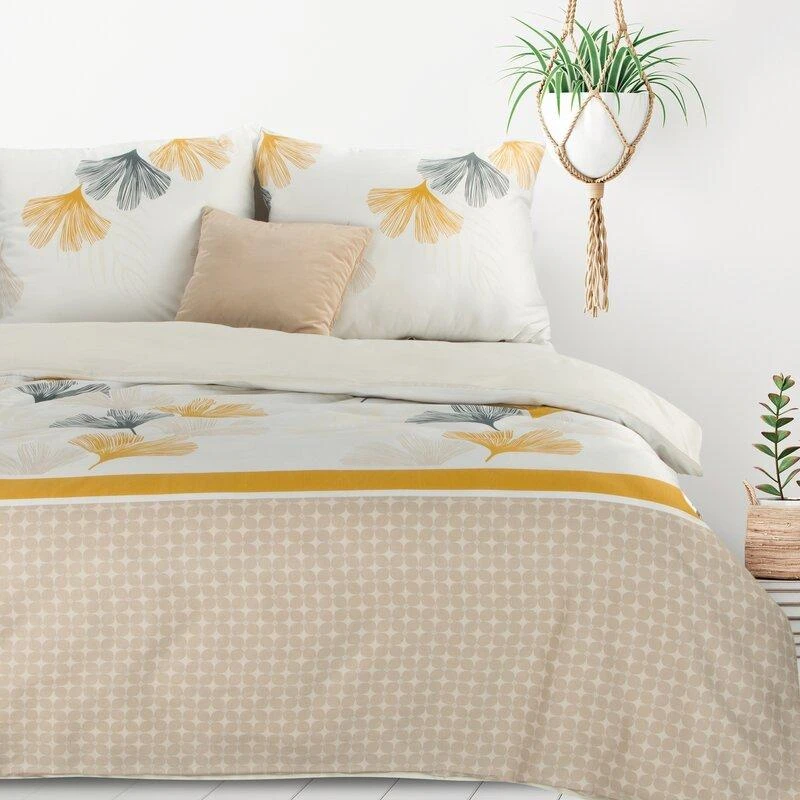 Eurofirany Mikropluošto patalynės komplektas 160x200 cm, medvilnės poliesterio mišinys, baltas geltonas smėlio spalvos lapų raštas, minkšta patalynė, patogi patalynė, patalynės užvalkalai Patalynė