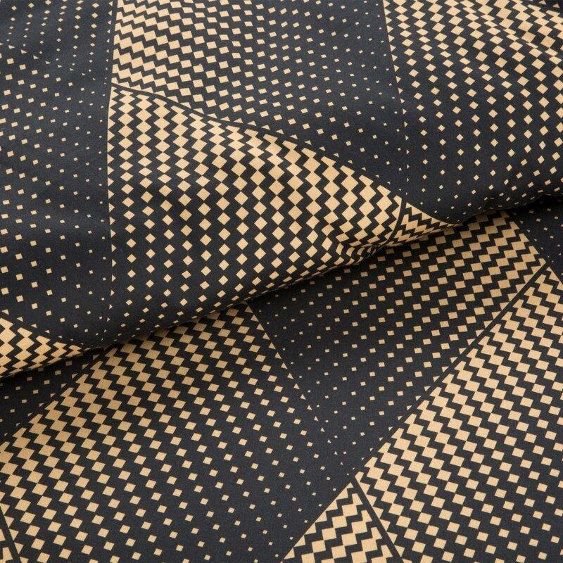 Eurofirany Satino patalynės komplektas 160x200 cm, juodos ir auksinės spalvos lapų geometrinis raštas, skaitmeninė spauda, 3 dalių rinkinys, užtrauktuku užsegami užvalkalai, medvilninė patalynė Patalynė