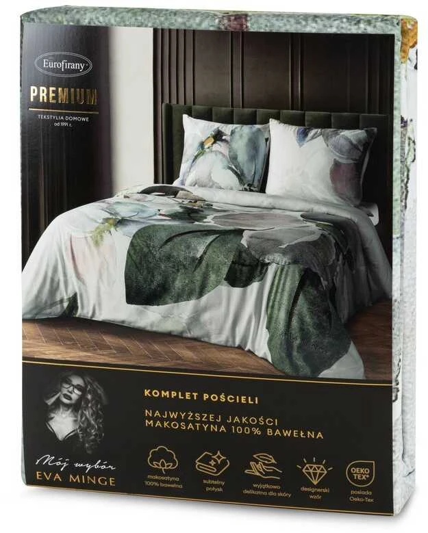 Eurofirany Satino patalynės komplektas 220x200 cm su gėlių raštu, baltos ir žalios gėlės, medvilninio satino užvalkalai, miegamojo tekstilė