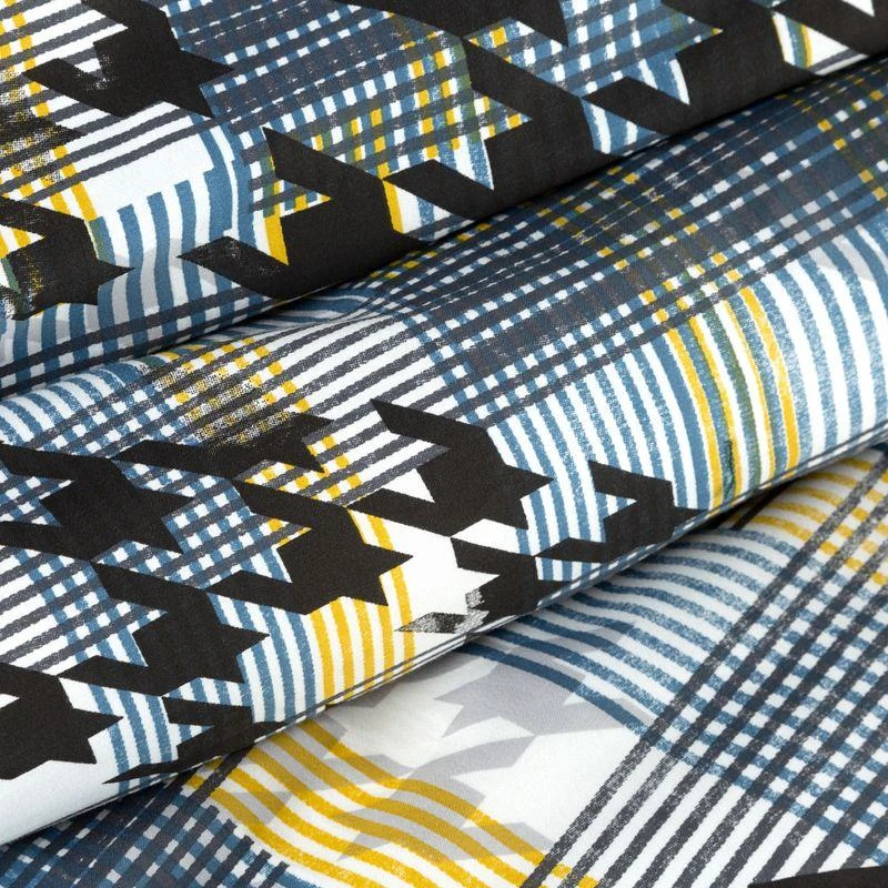 Eurofirany Medvilninio satino patalynės komplektas, 220x200 cm, su dviem pagalvių užvalkalais, mėlynos geltonos juodos spalvos languotas raštas, skaitmeninė spauda, dovanų dėžutė, elegantiškas miegamojo dekoras Patalynė