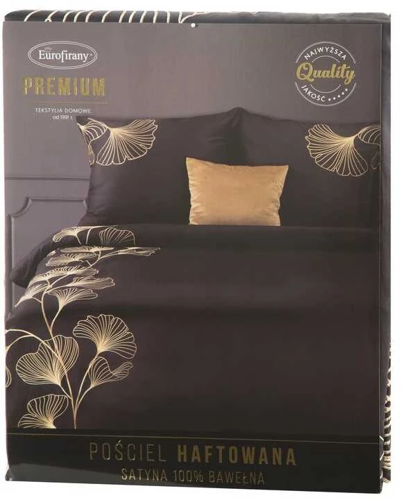Eurofirany Medvilnės satino patalynės komplektas su siuvinėtais ginkmedžio lapais, 160x200 cm, juodos ir aukso spalvos dizainas, lengvai prižiūrima patalynė su užtrauktuku, miegamojo tekstilė Patalynė