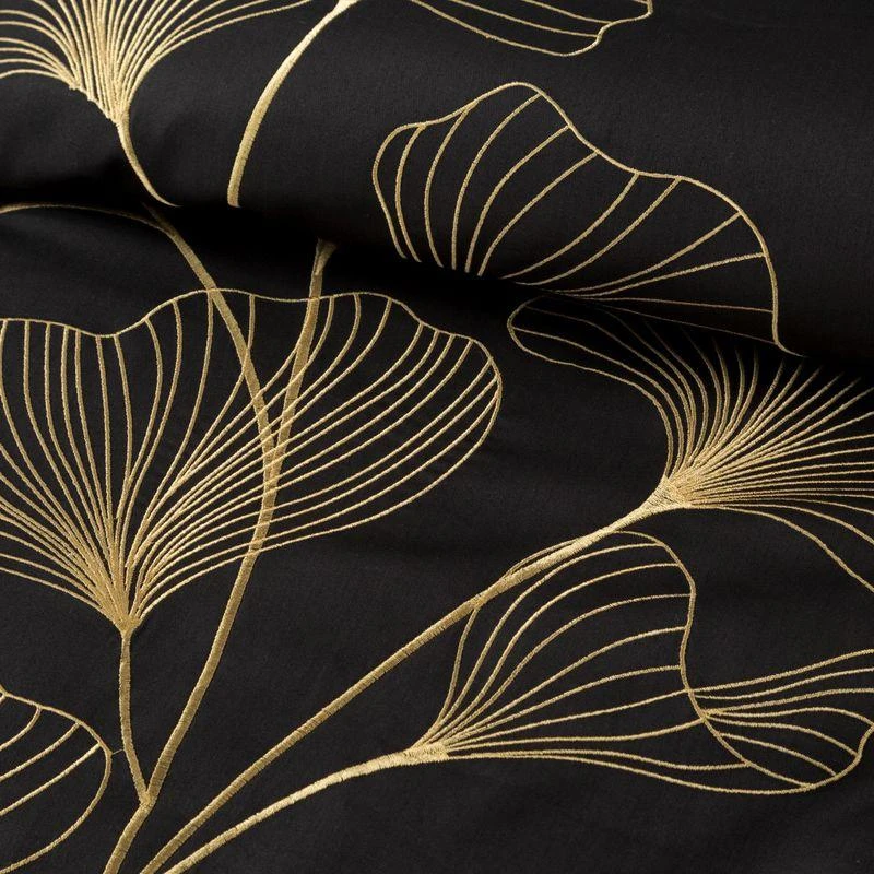 Eurofirany Medvilnės satino patalynės komplektas su siuvinėtais ginkmedžio lapais, 160x200 cm, juodos ir aukso spalvos dizainas, lengvai prižiūrima patalynė su užtrauktuku, miegamojo tekstilė Patalynė