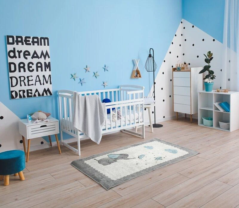Eurofirany Dywanik dziecięcy BABY1 80x150 kreminė šviesiai pilka mėlyna słonik