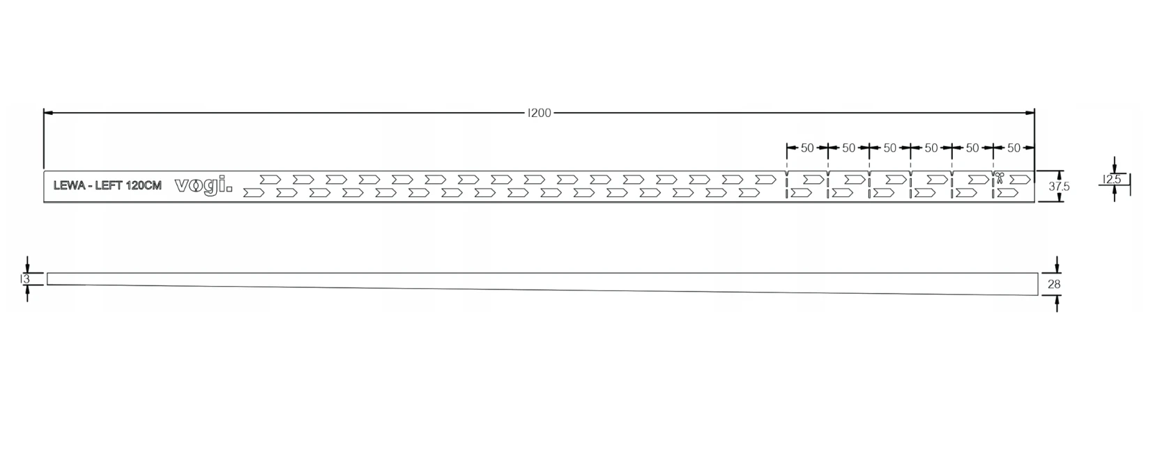 Vogi dušo profilis nuolydžiui formuoti, kairinis 120cm (Nemokamas pristatymas)