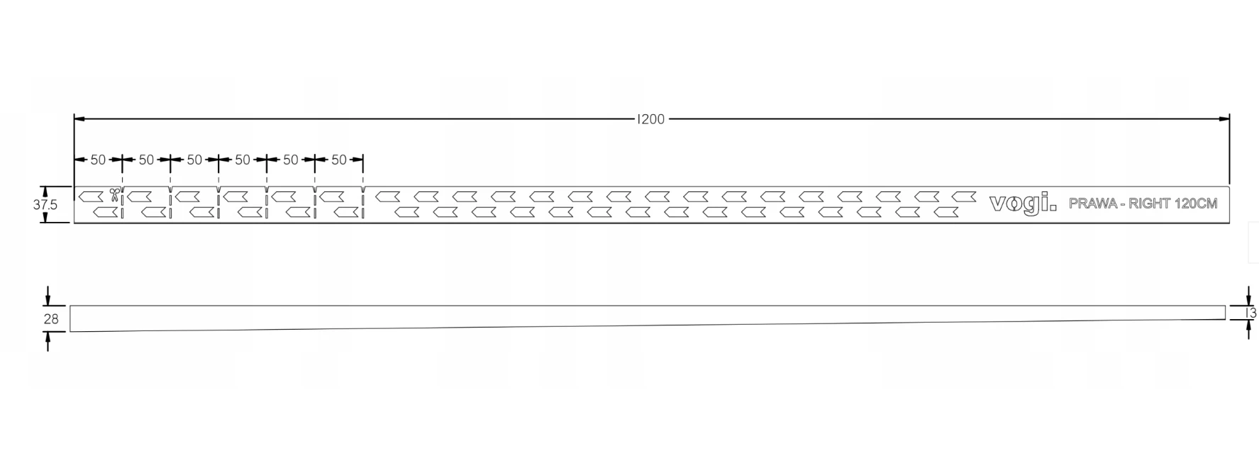 Vogi juodas dušo profilis nuolydžiui formuoti, dešininis 120cm