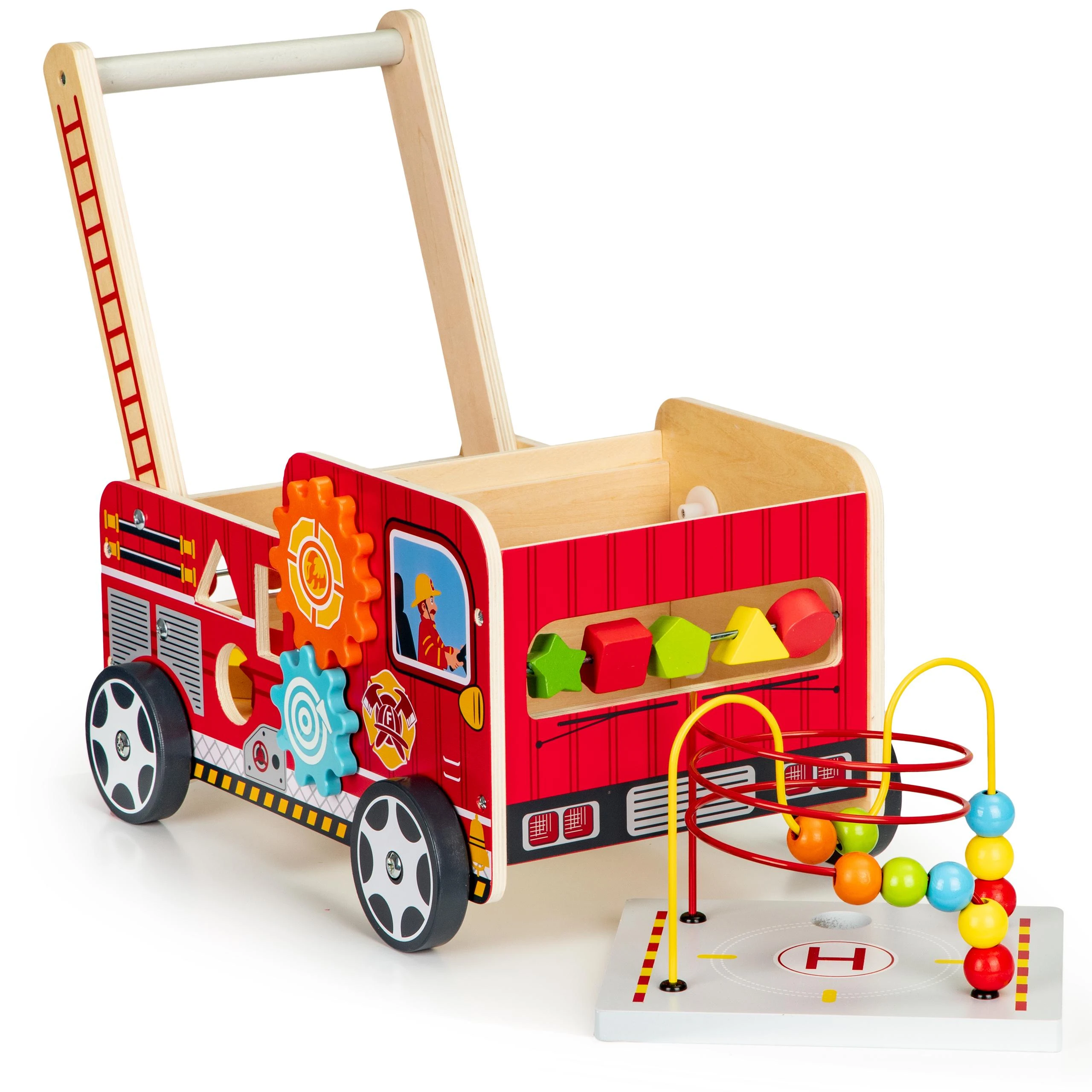Ecotoys Mokomasis medinis stūmikas su kaladėlėmis vaikams - Ugniagesiai