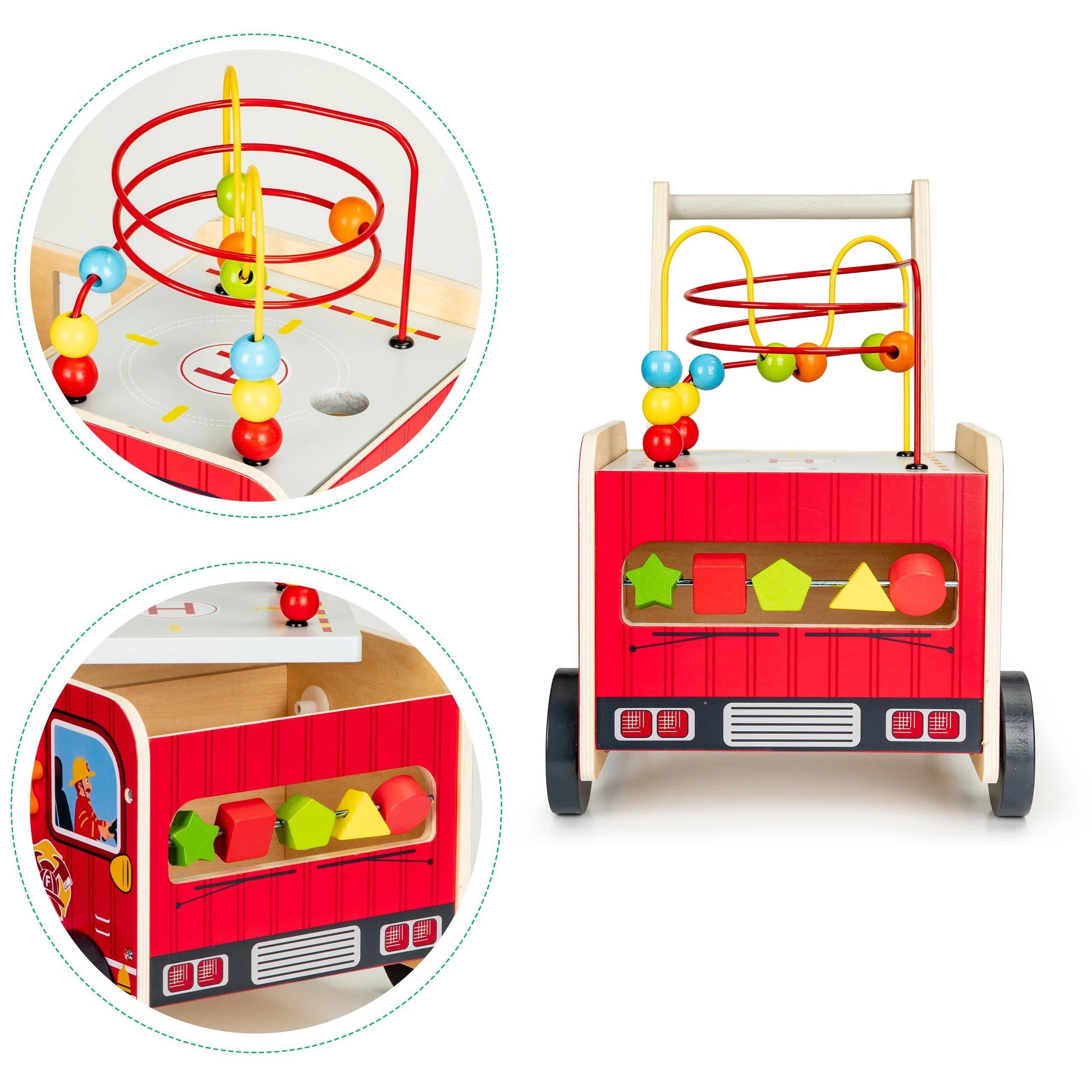 Ecotoys Mokomasis medinis stūmikas su kaladėlėmis vaikams - Ugniagesiai