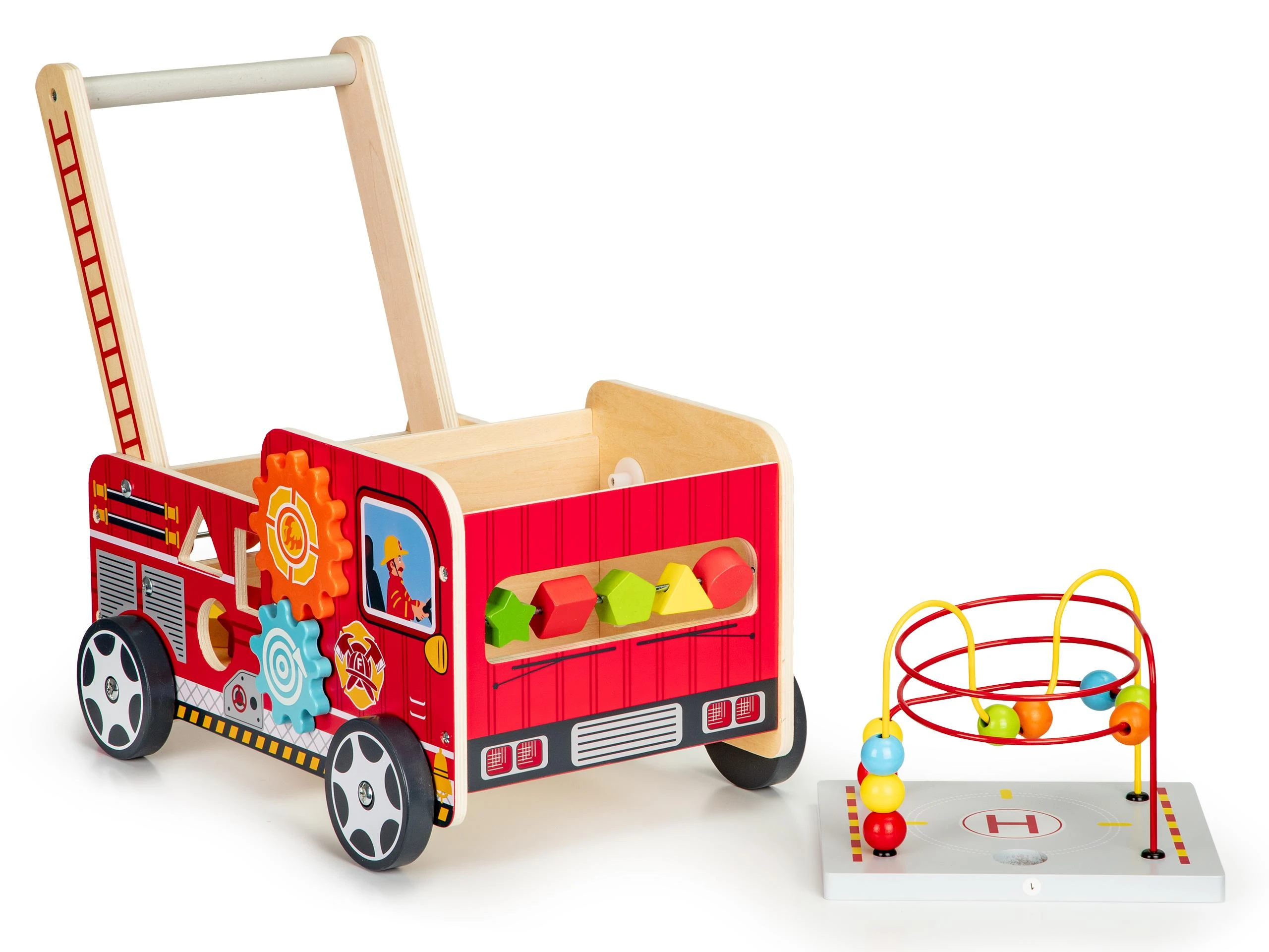 Ecotoys Mokomasis medinis stūmikas su kaladėlėmis vaikams - Ugniagesiai