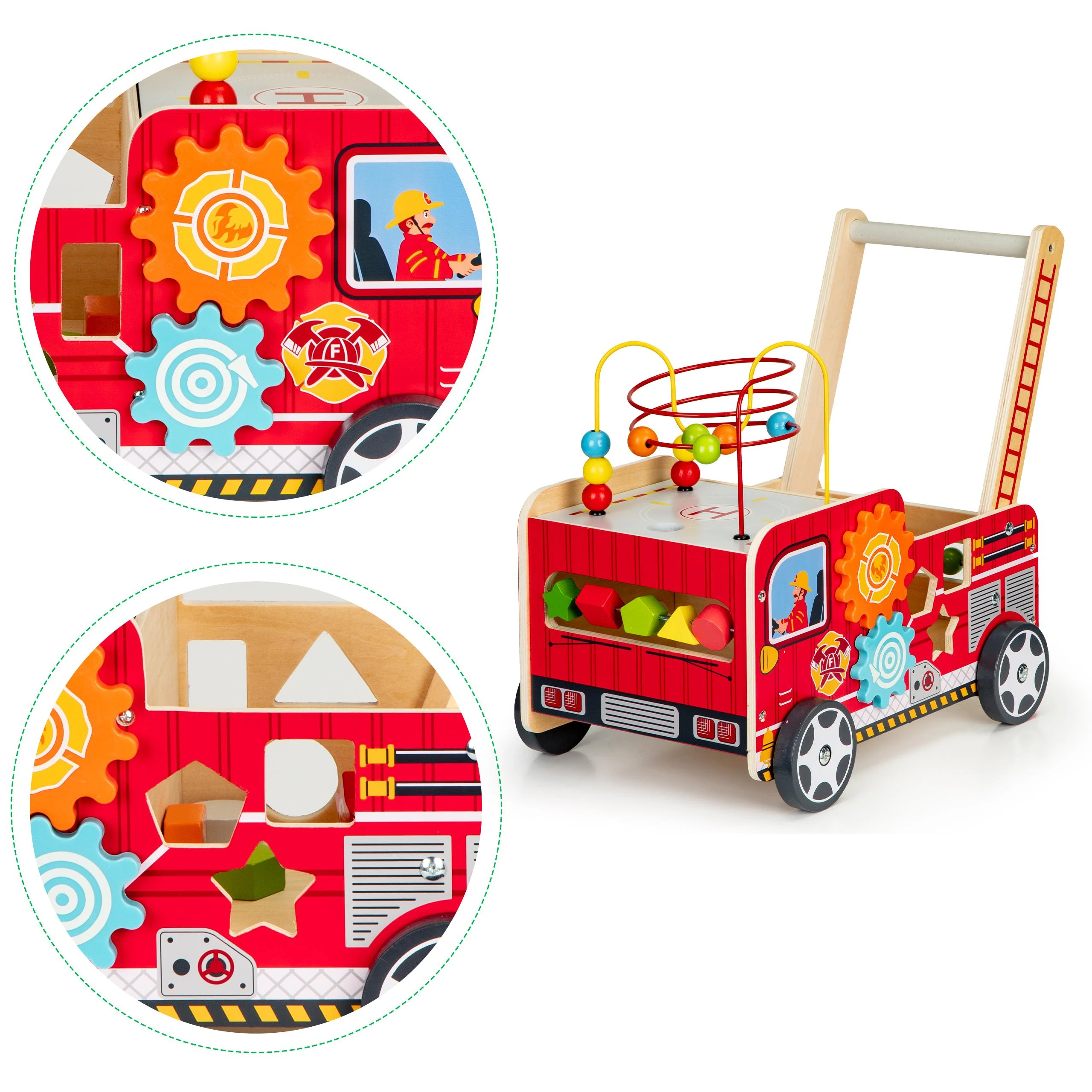 Ecotoys Mokomasis medinis stūmikas su kaladėlėmis vaikams - Ugniagesiai