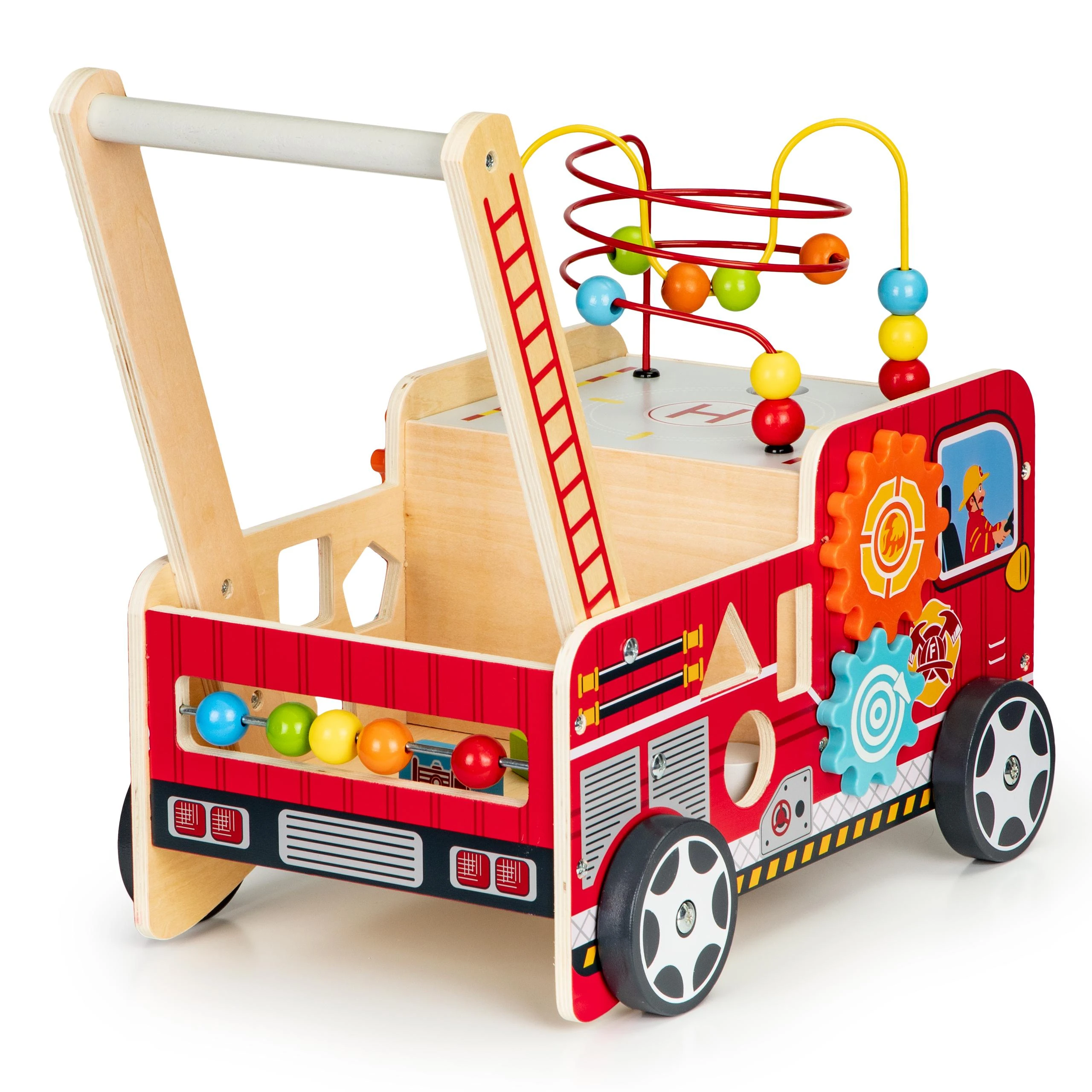 Ecotoys Mokomasis medinis stūmikas su kaladėlėmis vaikams - Ugniagesiai