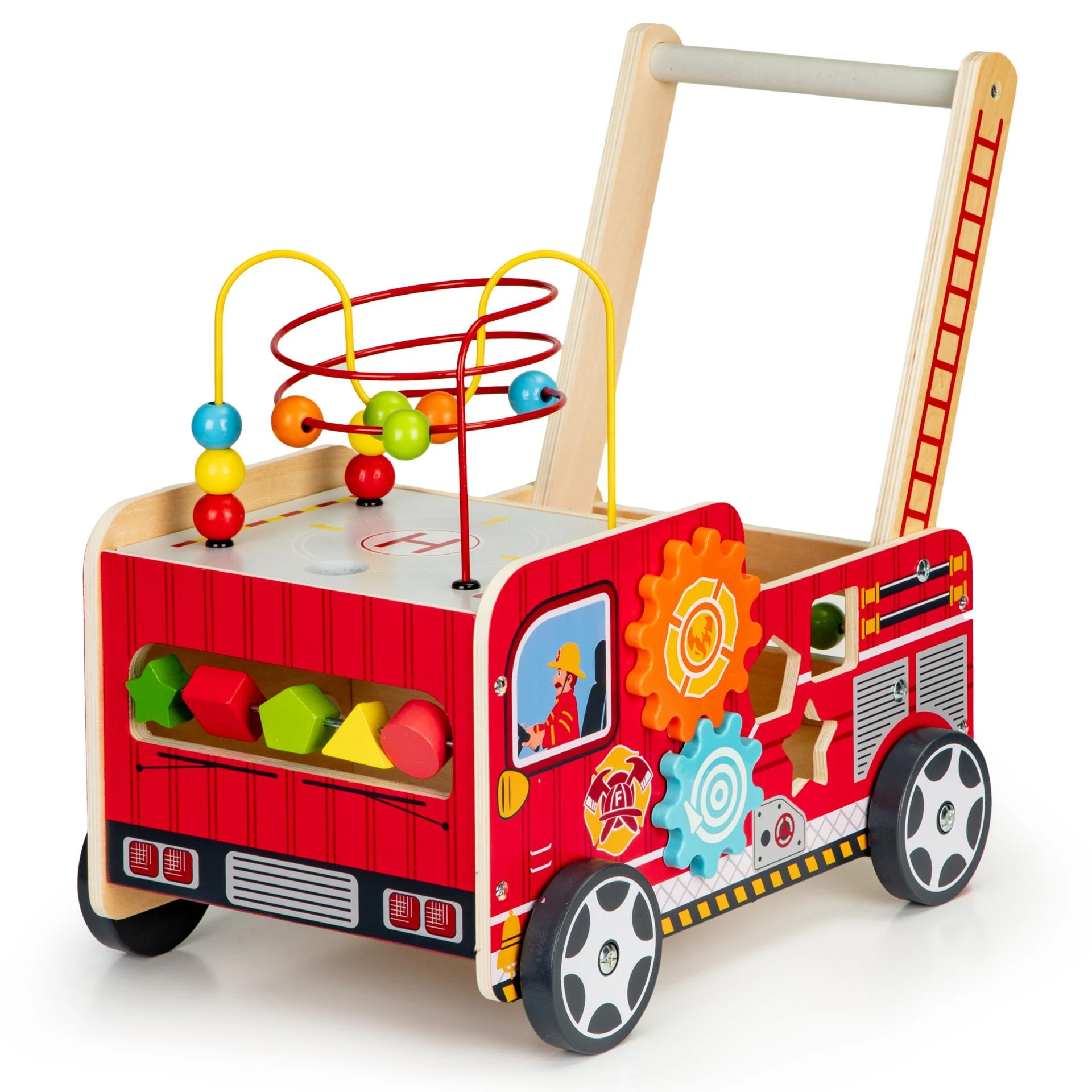 Ecotoys Mokomasis medinis stūmikas su kaladėlėmis vaikams - Ugniagesiai