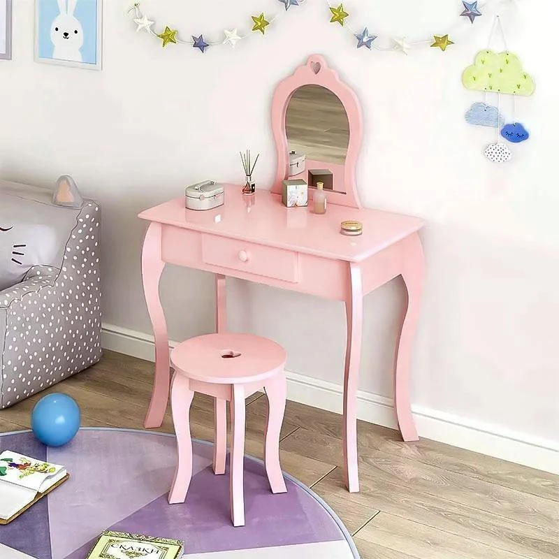 Ecotoys Vaikiškas kosmetinis staliukas su veidrodžiu ir taburete, rožinis