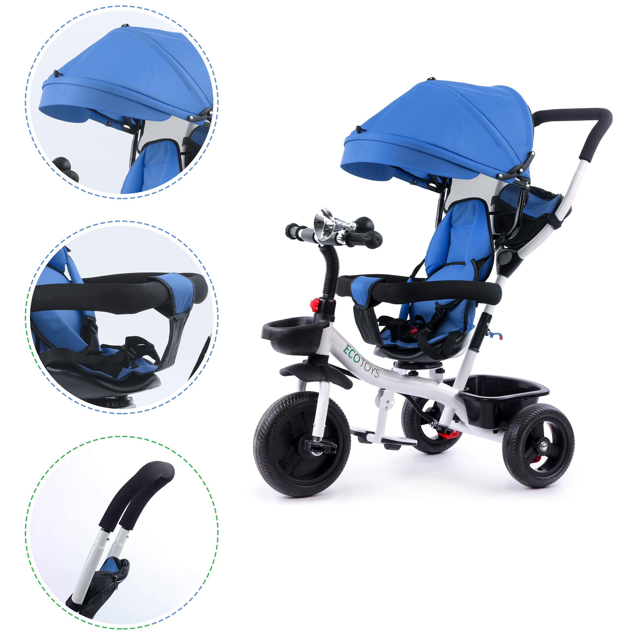Ecotoys Mėlyna triratukas stroller 360* swivel seat Mėlyna