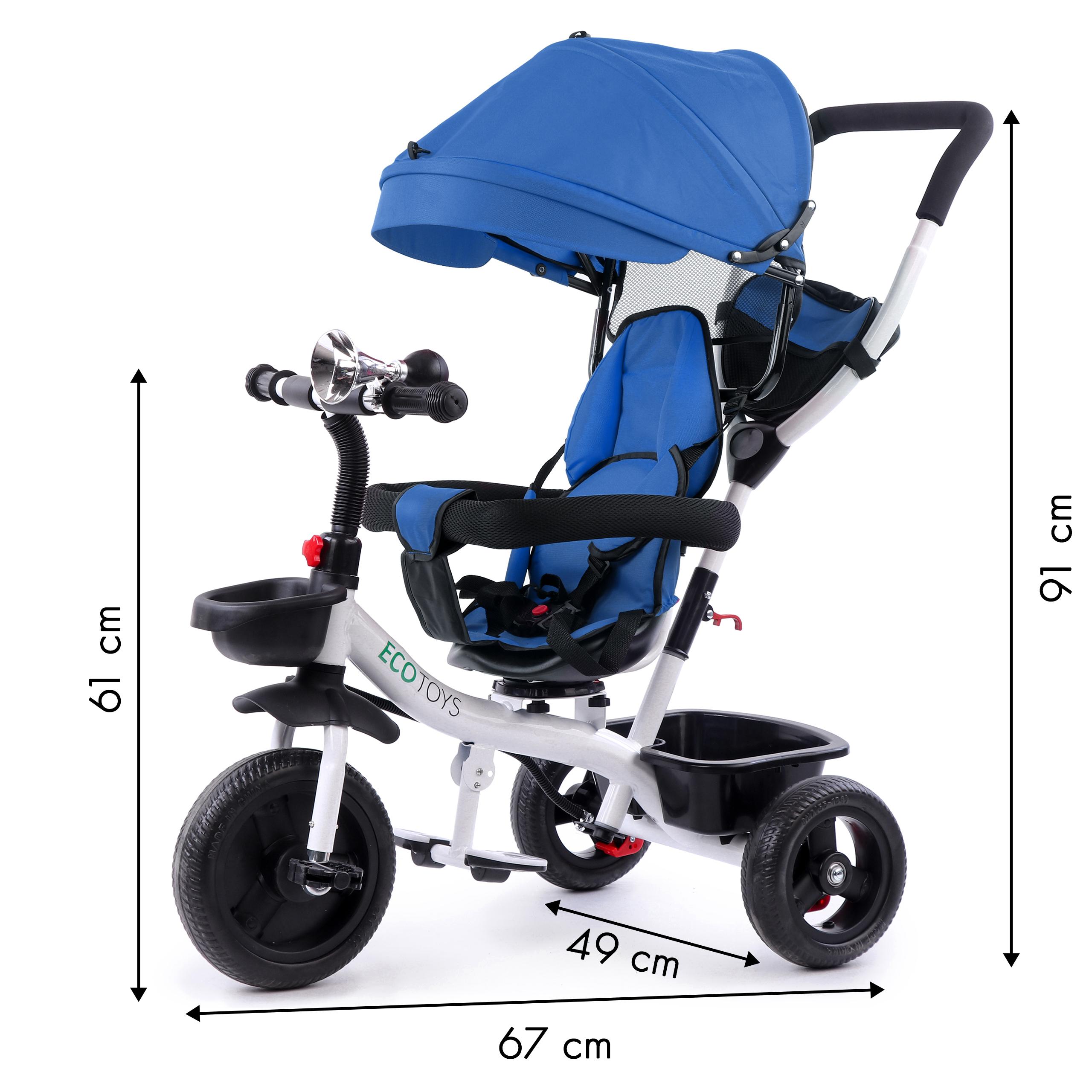 Ecotoys Mėlyna triratukas stroller 360* swivel seat Mėlyna