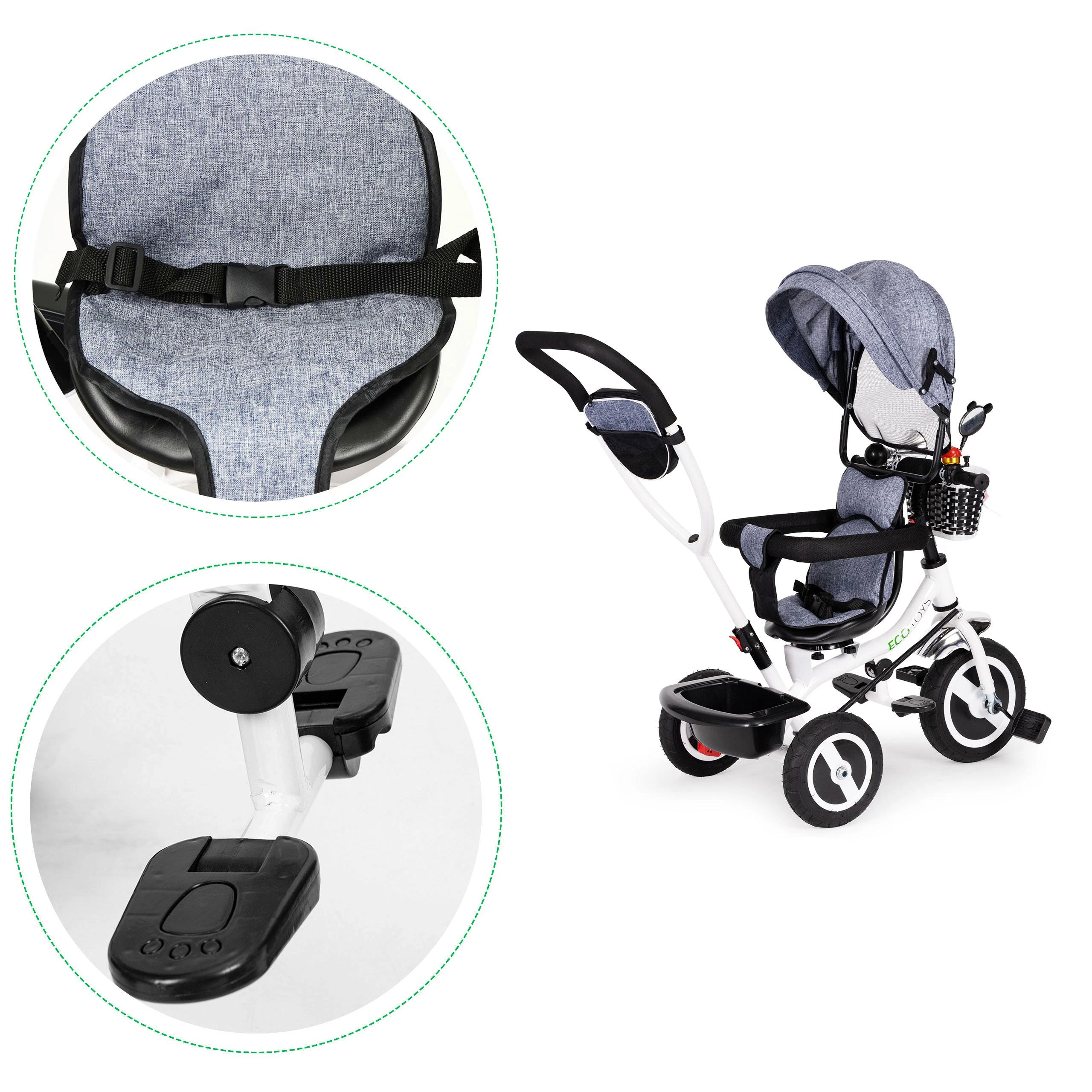 Ecotoys triratukas besisukantis stogelis pilka patvarūs guminiai ratai