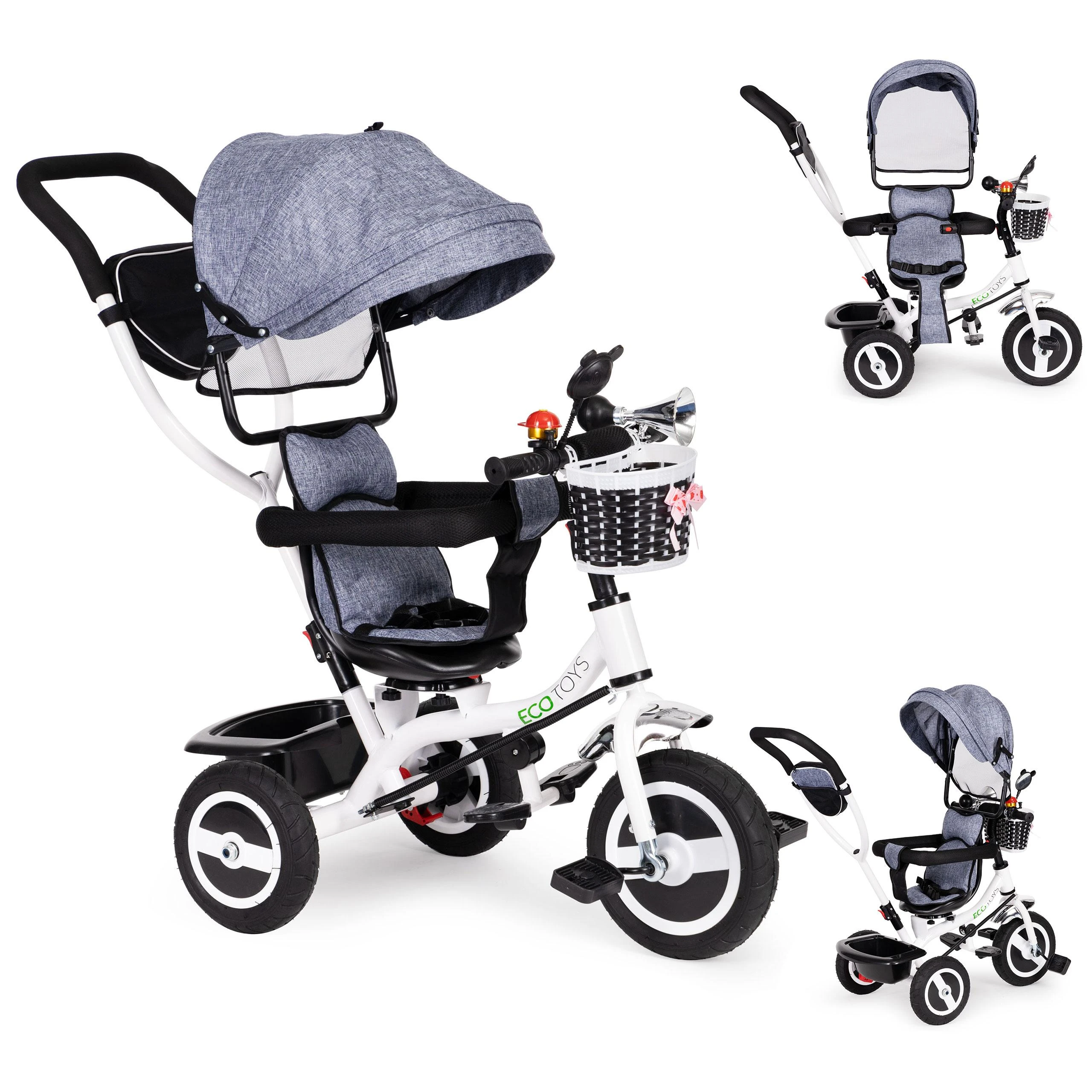 Ecotoys triratukas besisukantis stogelis pilka patvarūs guminiai ratai