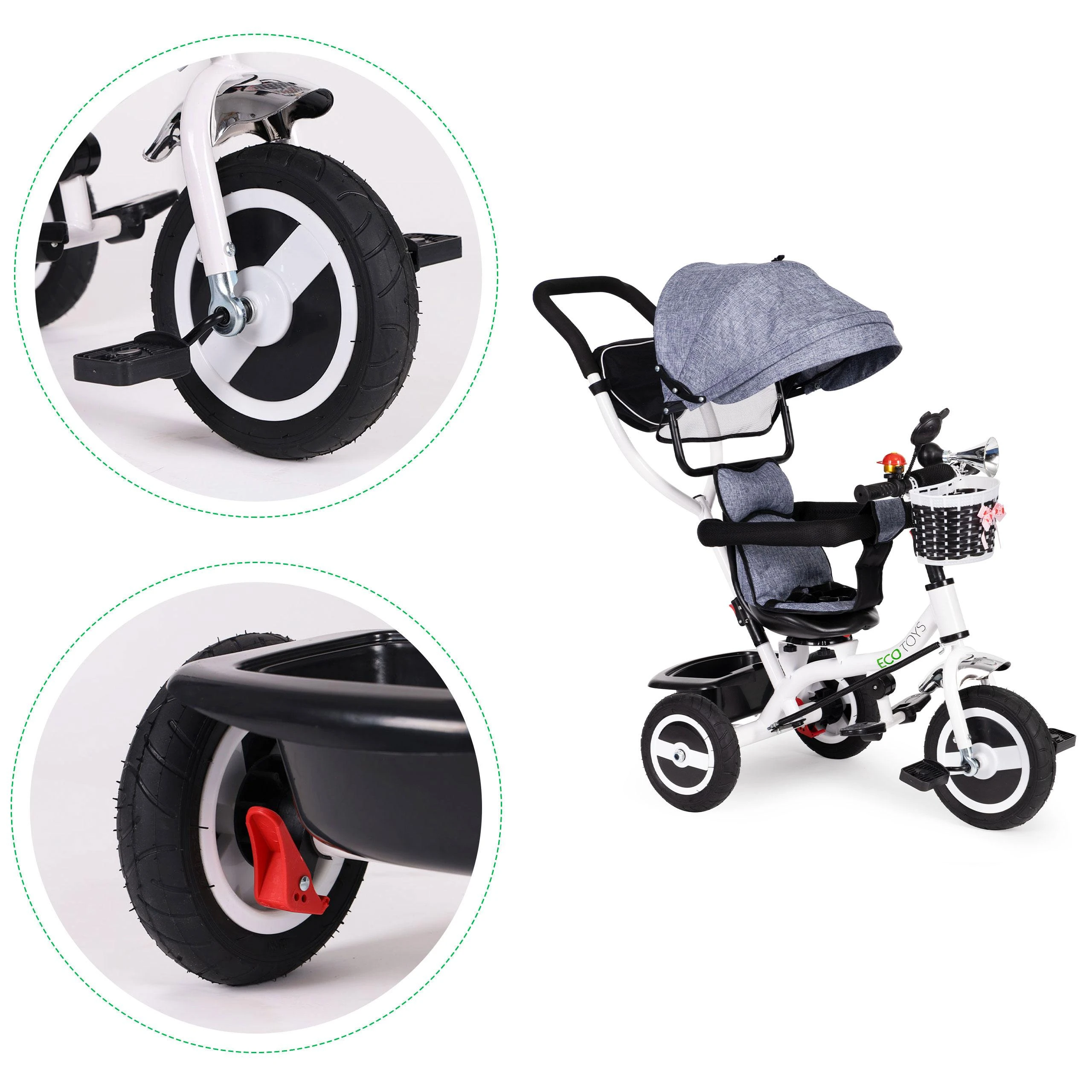 Ecotoys triratukas besisukantis stogelis pilka patvarūs guminiai ratai