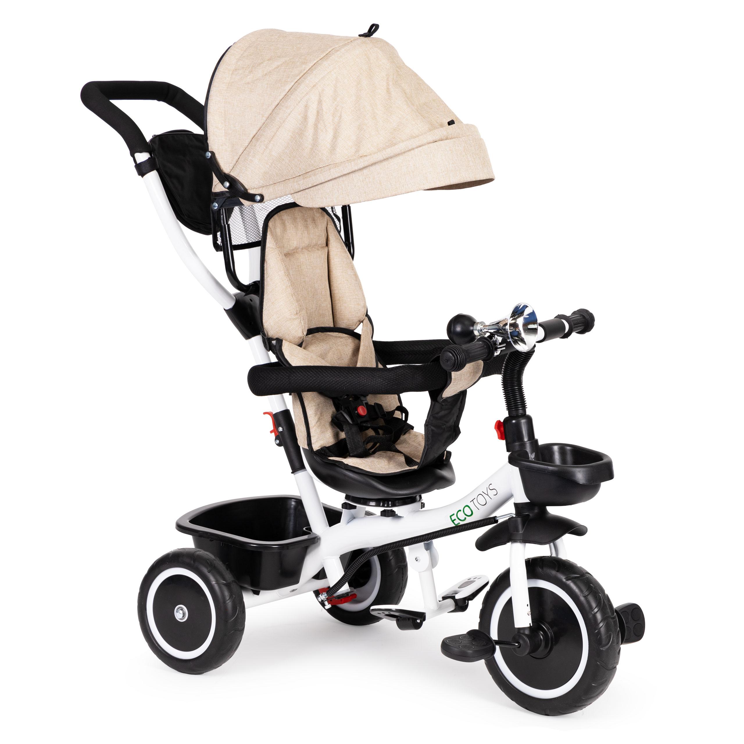 Ecotoys Vaikiškas vežimėlis - triratukas su reguliuojama sėdyne Eco Toys, smėlio spalvos