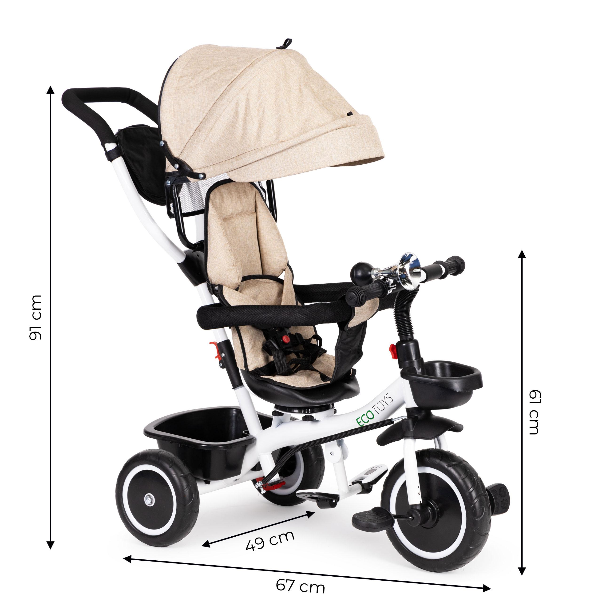 Ecotoys Vaikiškas vežimėlis - triratukas su reguliuojama sėdyne Eco Toys, smėlio spalvos