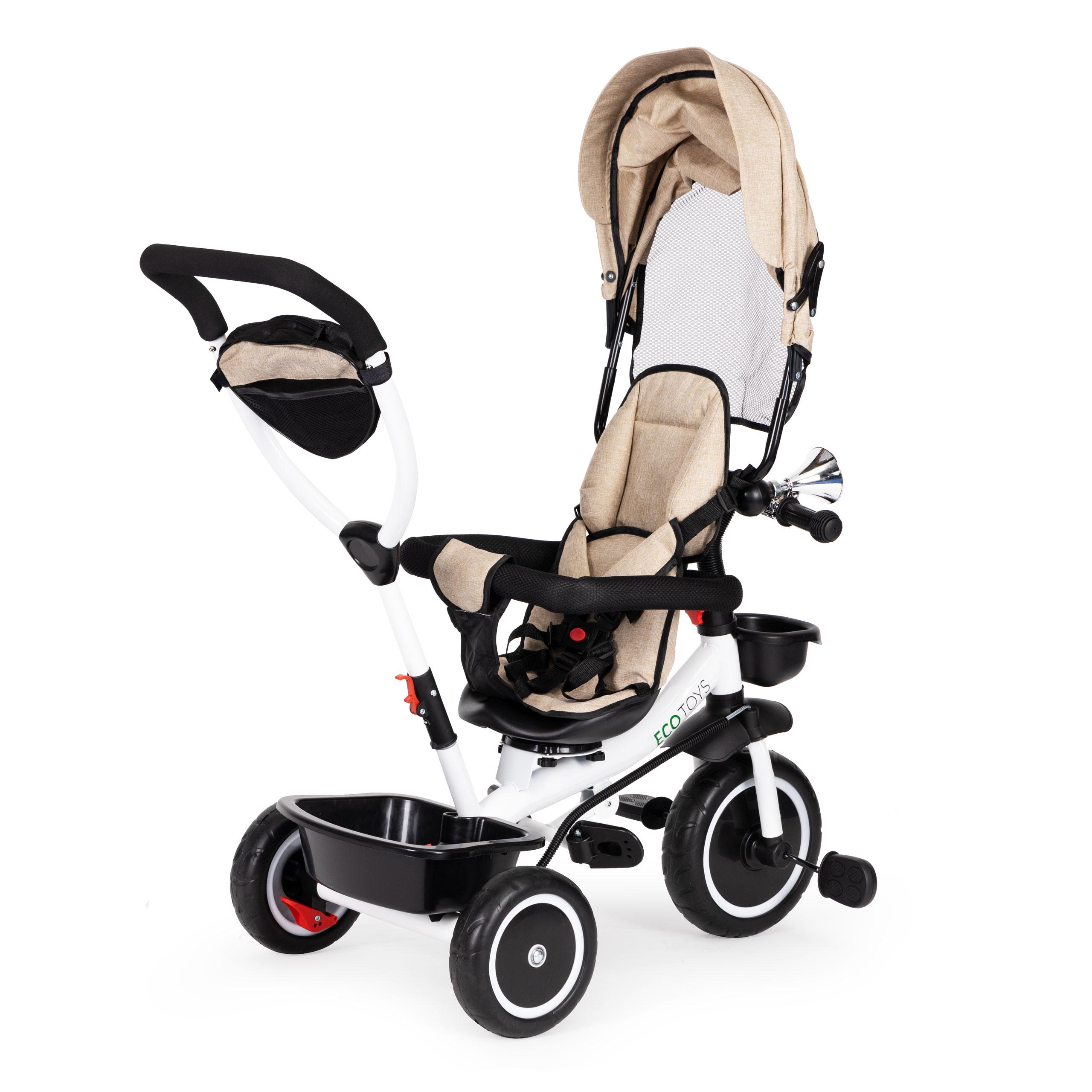 Ecotoys Vaikiškas vežimėlis - triratukas su reguliuojama sėdyne Eco Toys, smėlio spalvos