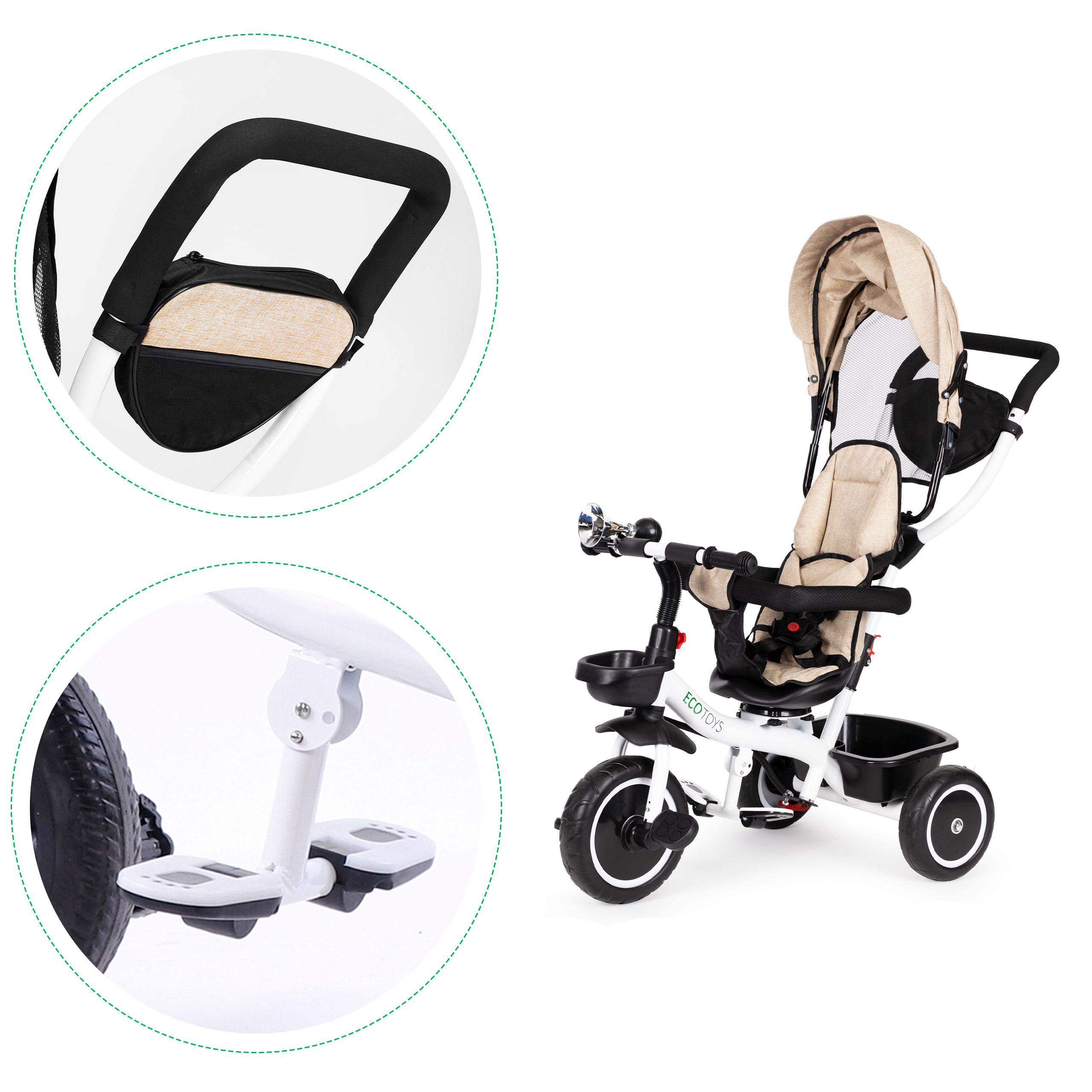 Ecotoys Vaikiškas vežimėlis - triratukas su reguliuojama sėdyne Eco Toys, smėlio spalvos
