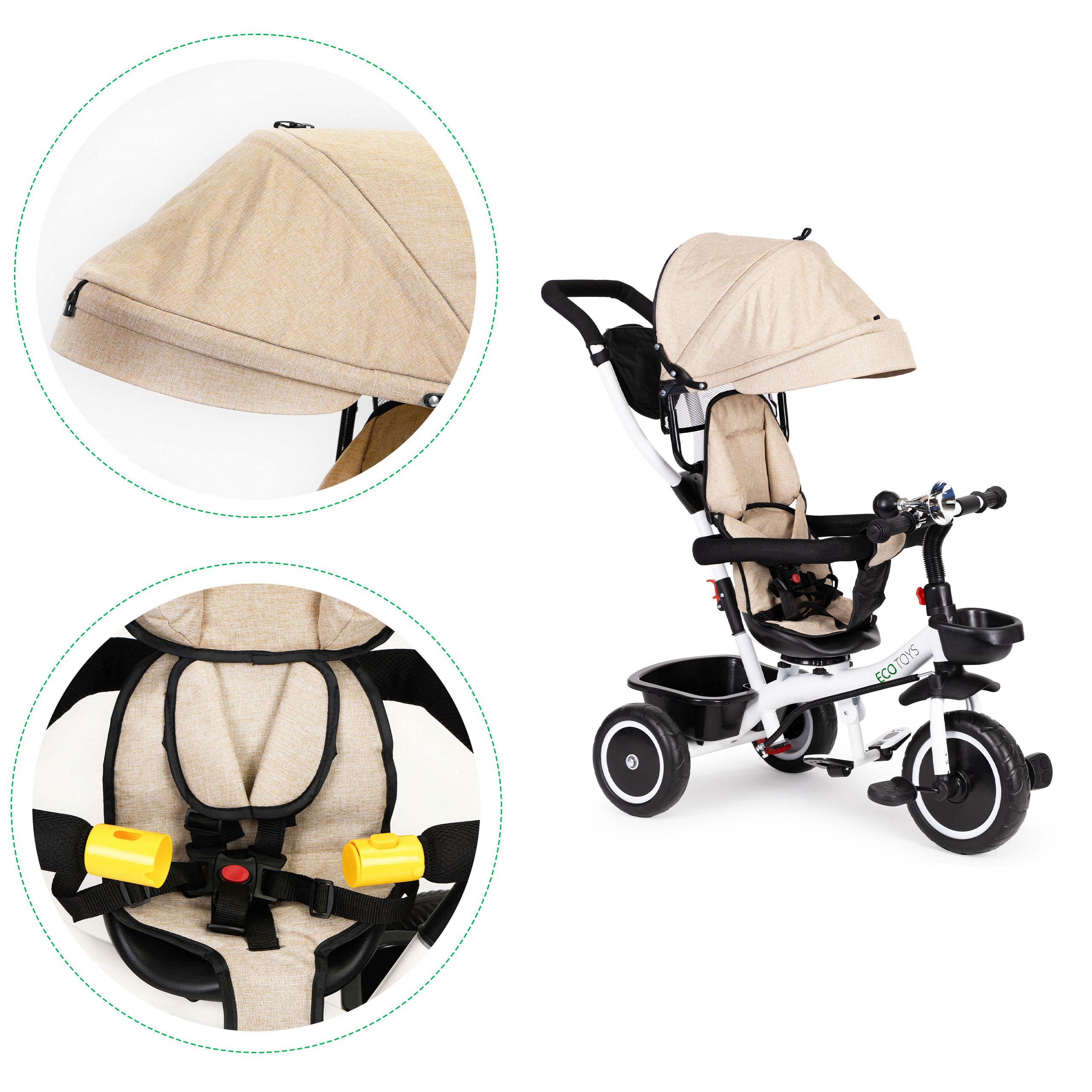 Ecotoys Vaikiškas vežimėlis - triratukas su reguliuojama sėdyne Eco Toys, smėlio spalvos