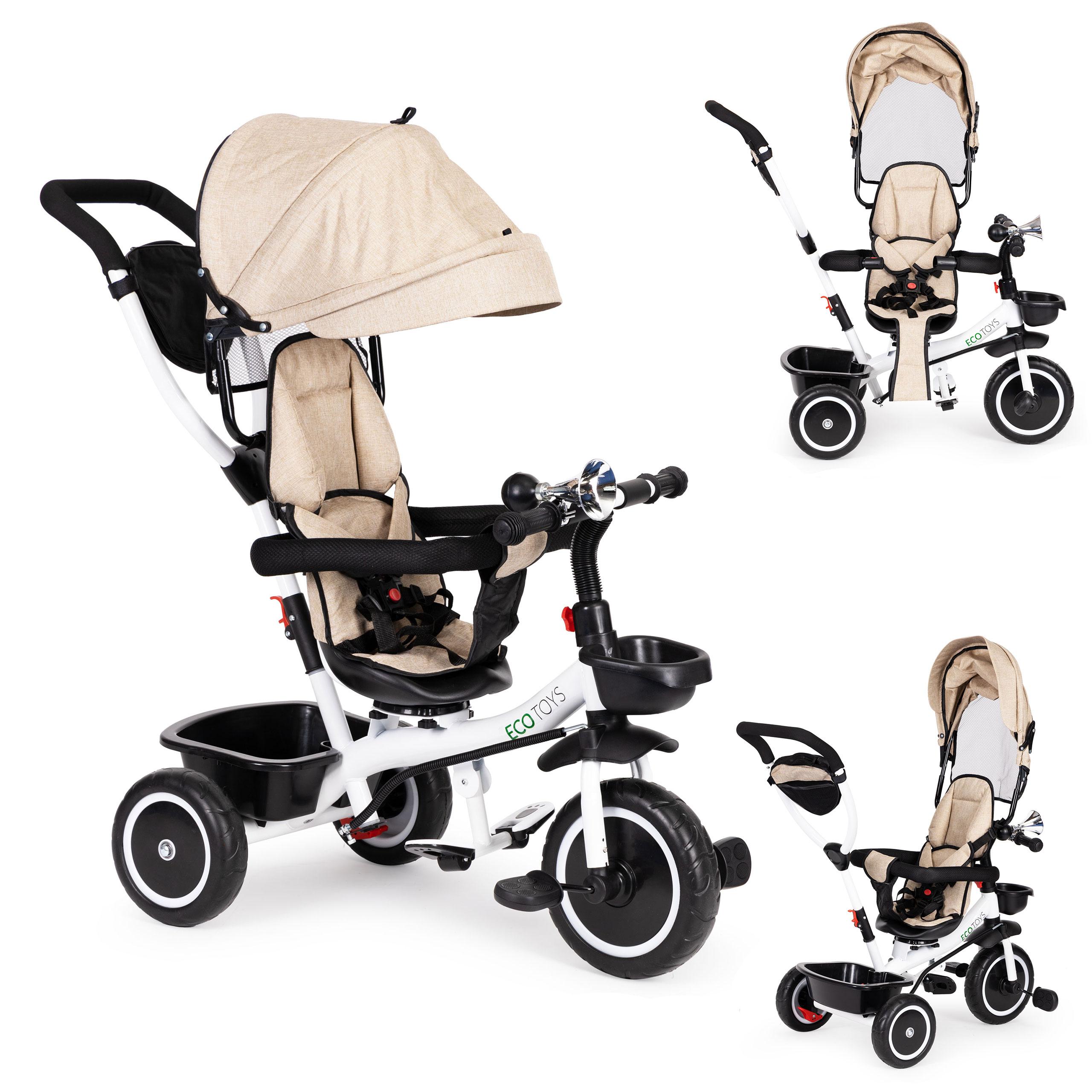 Ecotoys Vaikiškas vežimėlis - triratukas su reguliuojama sėdyne Eco Toys, smėlio spalvos
