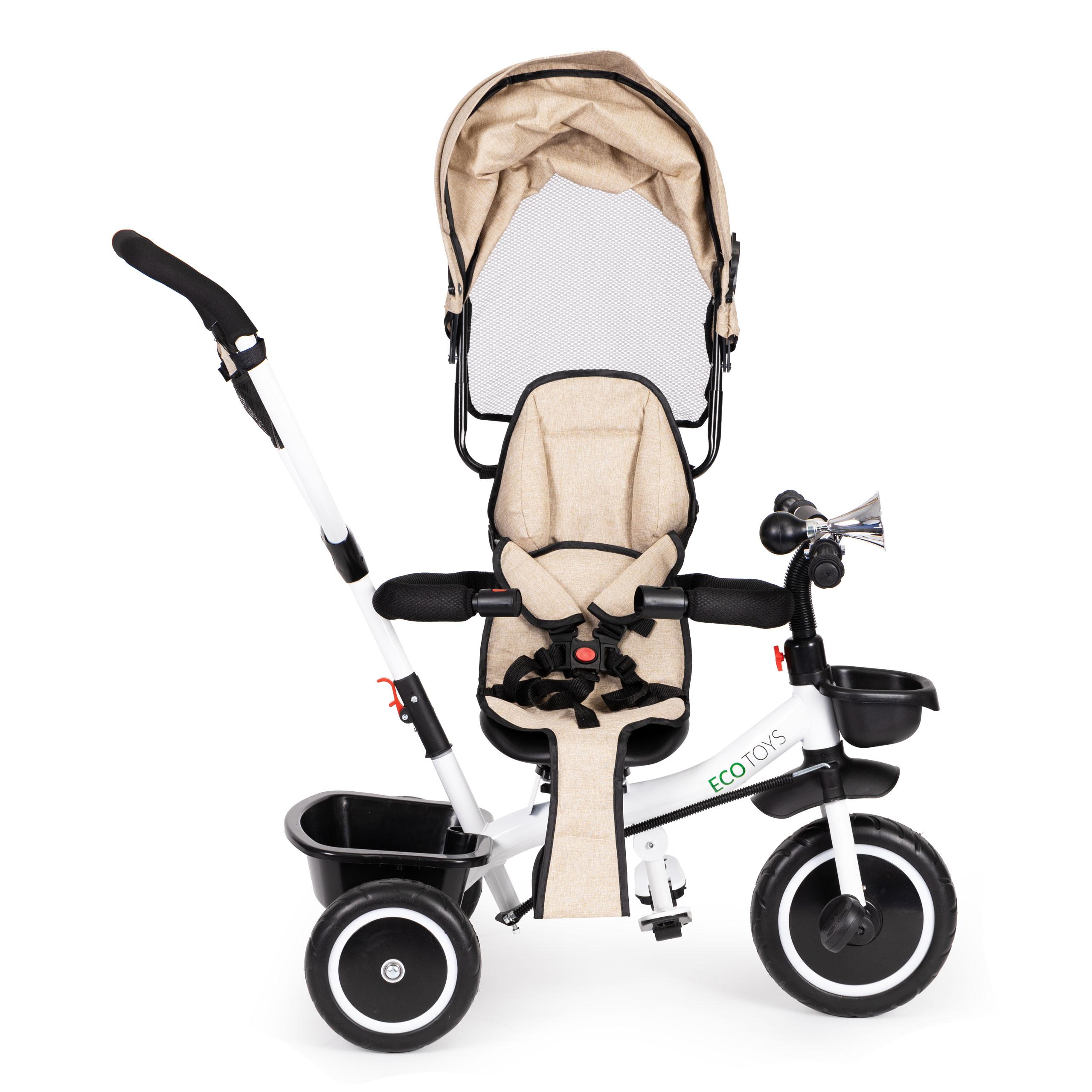 Ecotoys Vaikiškas vežimėlis - triratukas su reguliuojama sėdyne Eco Toys, smėlio spalvos