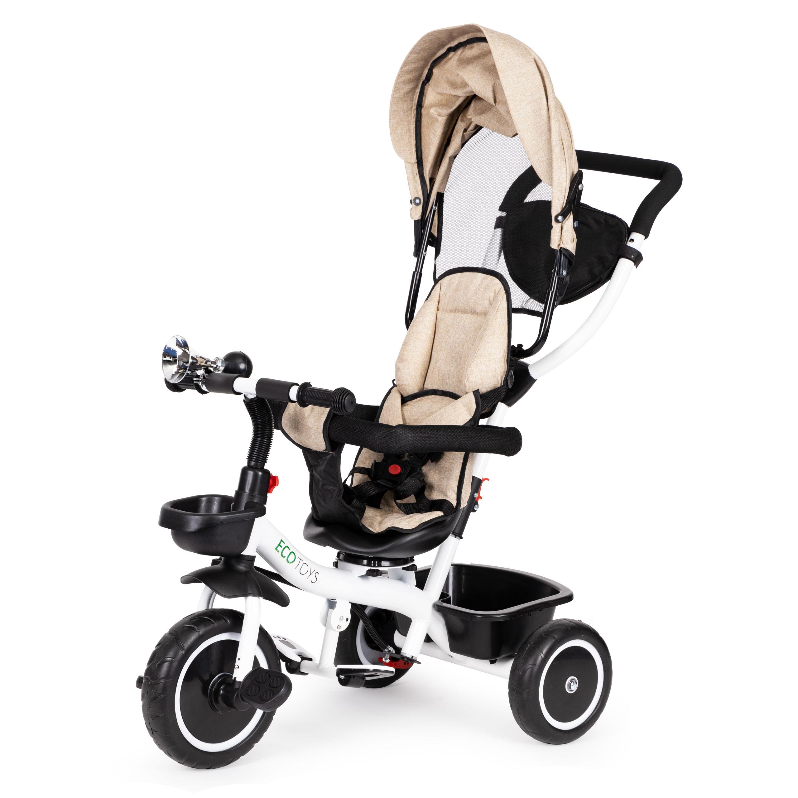 Ecotoys Vaikiškas vežimėlis - triratukas su reguliuojama sėdyne Eco Toys, smėlio spalvos