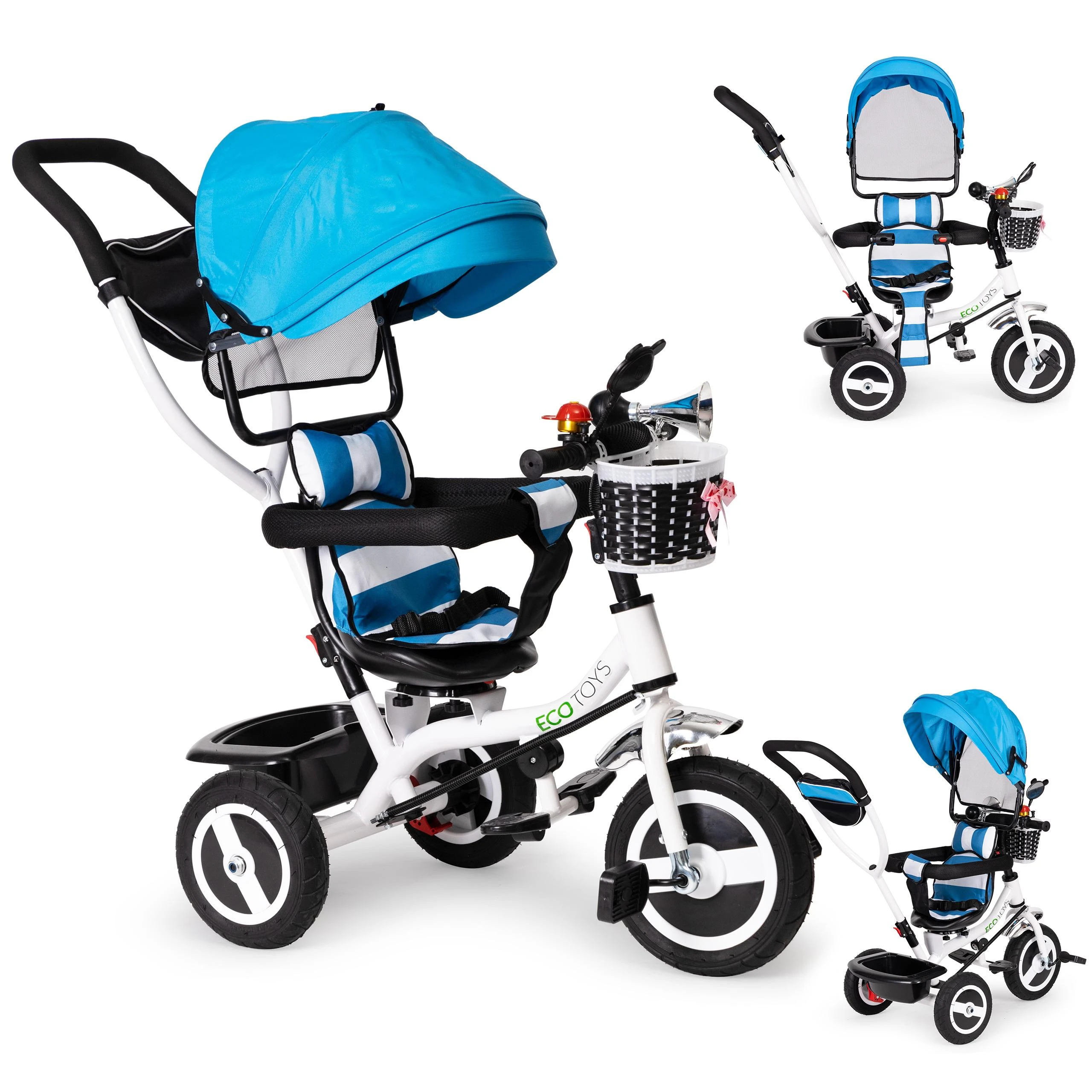 Ecotoys Mėlynas triratukas, ratinis vežimas, besisukantis mėlynas stogas