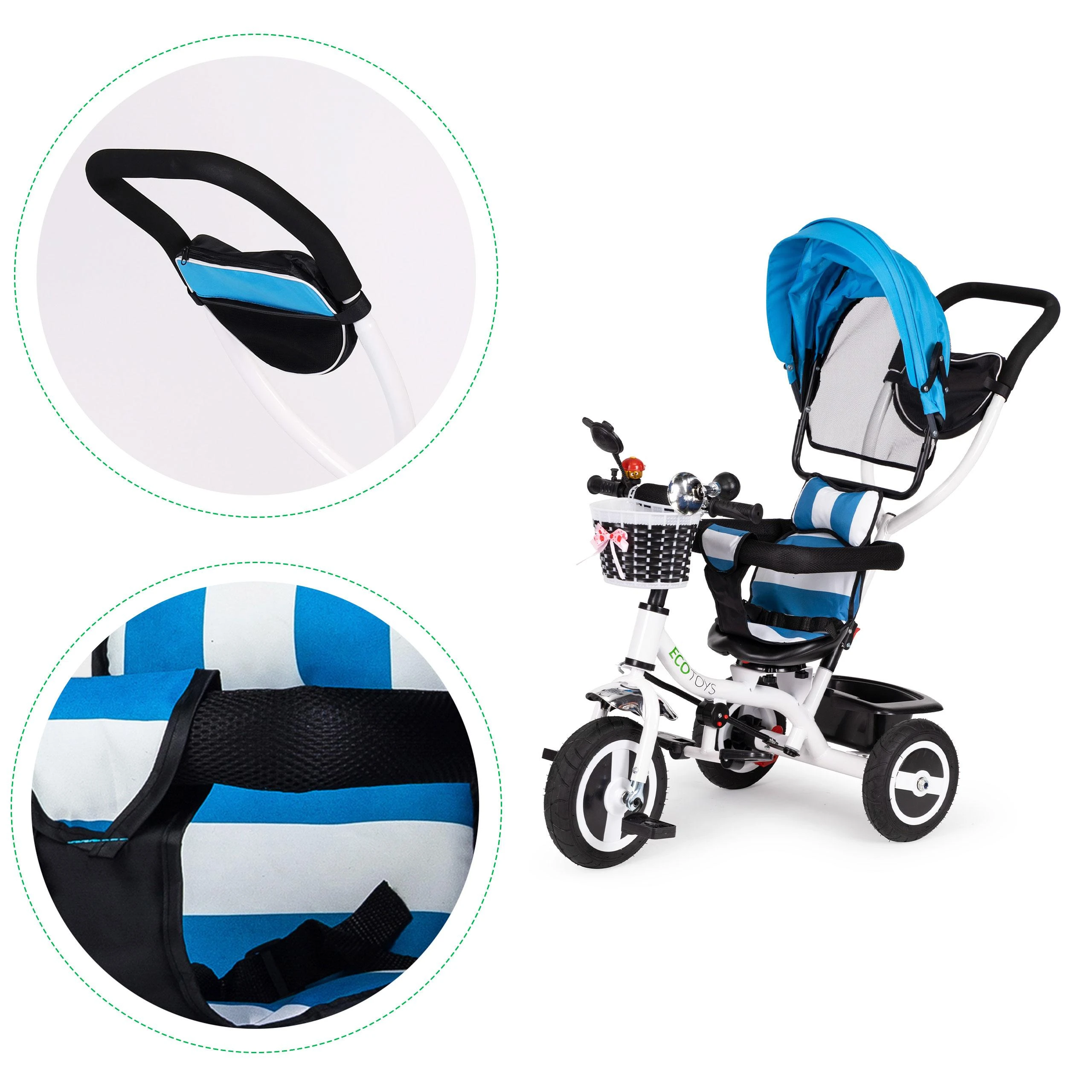 Ecotoys Mėlynas triratukas, ratinis vežimas, besisukantis mėlynas stogas