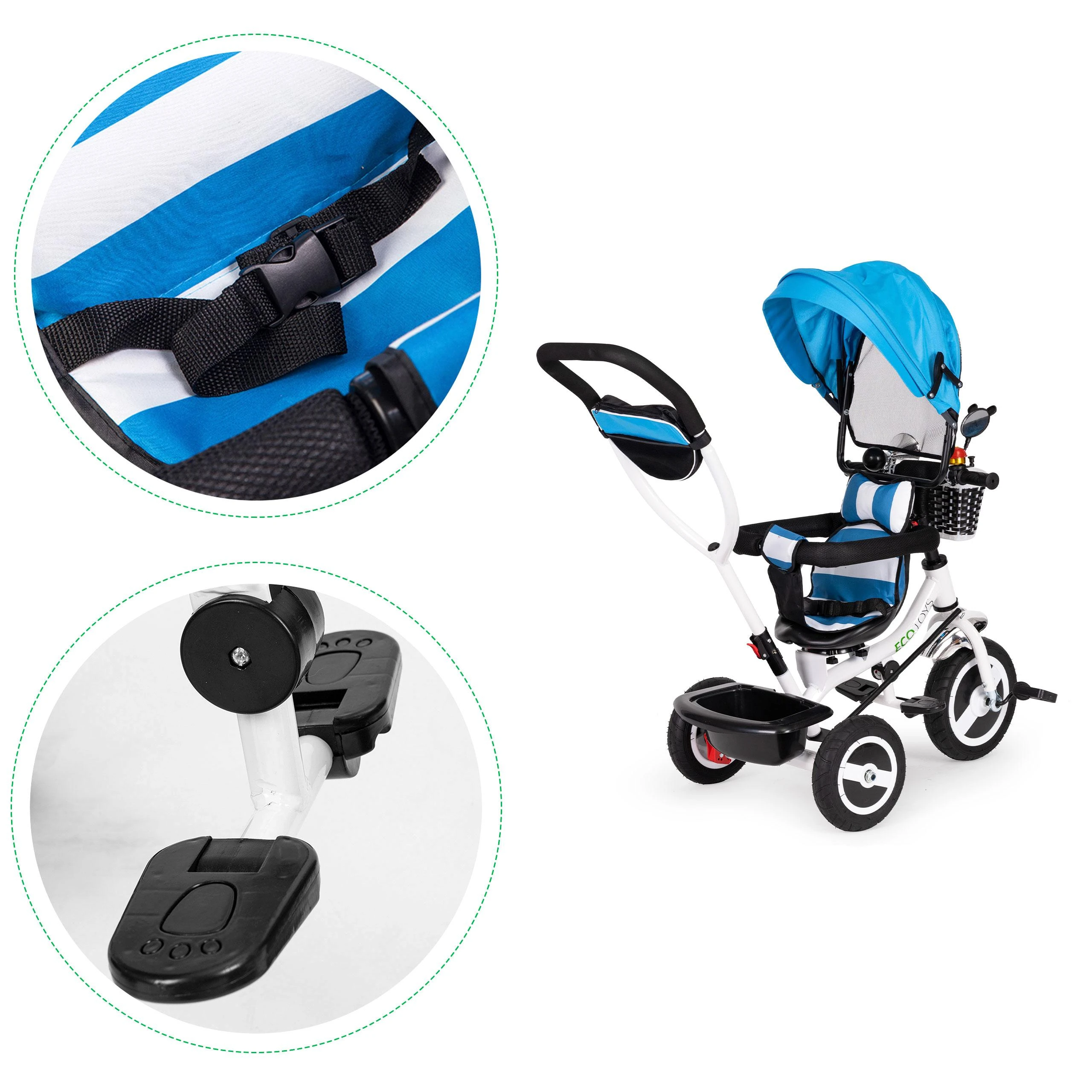 Ecotoys Mėlynas triratukas, ratinis vežimas, besisukantis mėlynas stogas