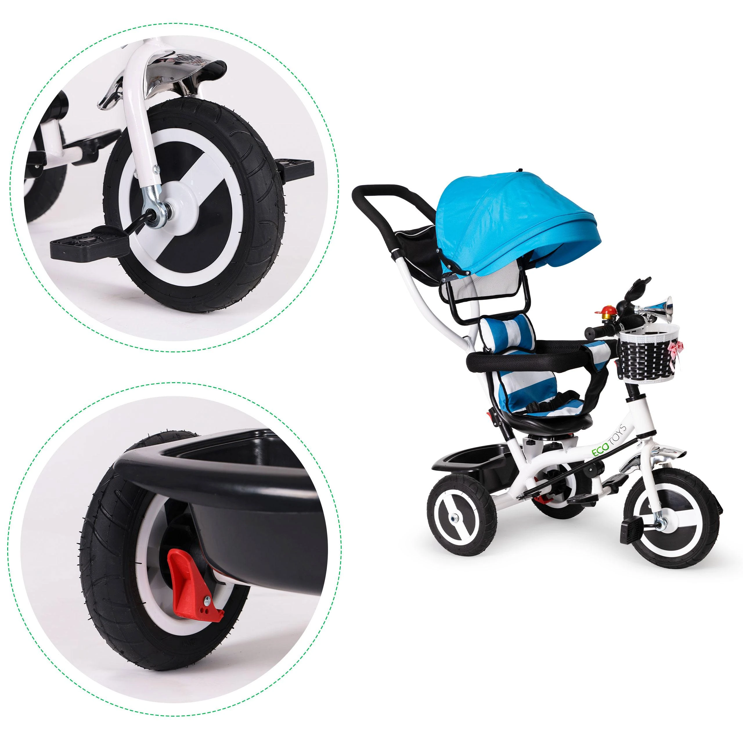 Ecotoys Mėlynas triratukas, ratinis vežimas, besisukantis mėlynas stogas