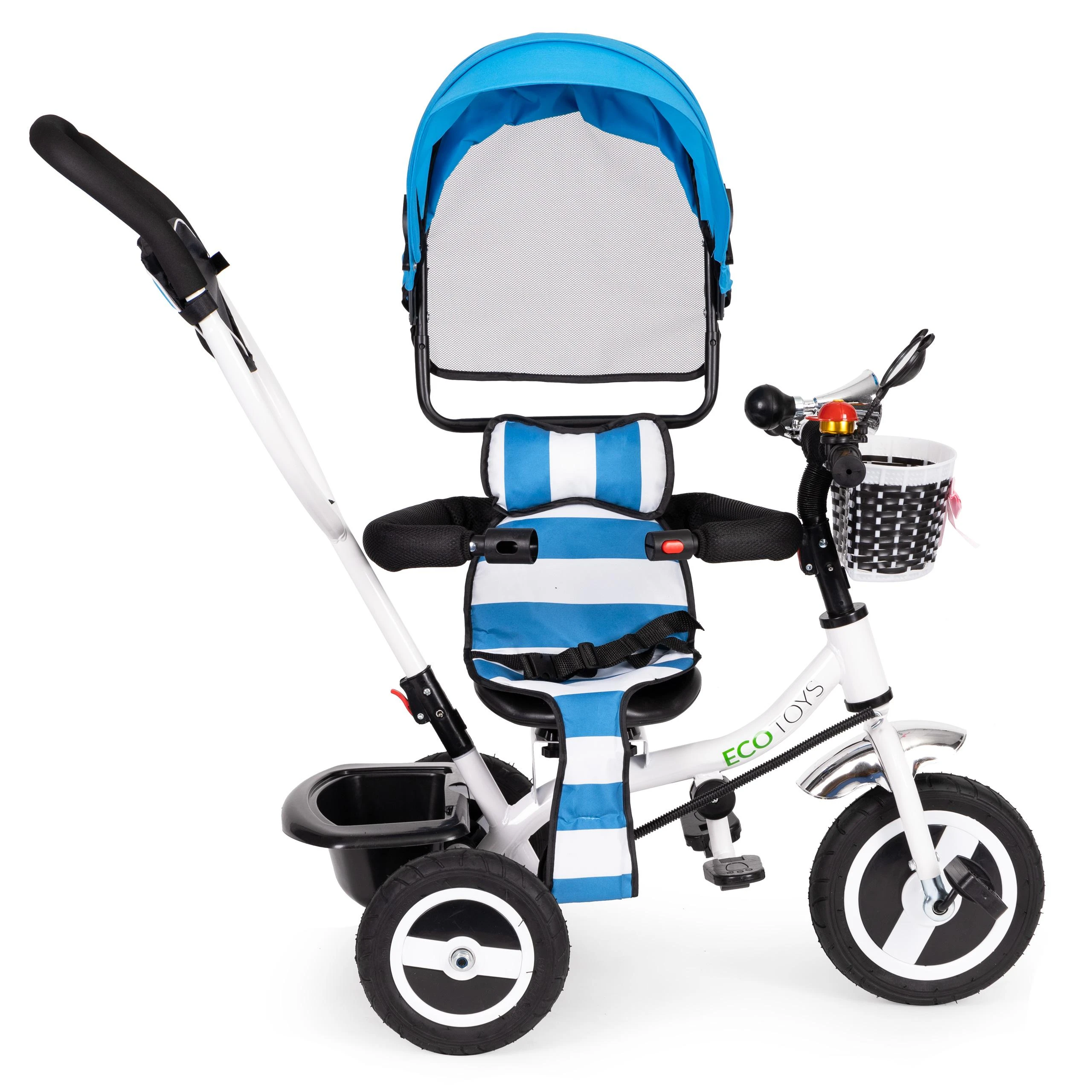 Ecotoys Mėlynas triratukas, ratinis vežimas, besisukantis mėlynas stogas