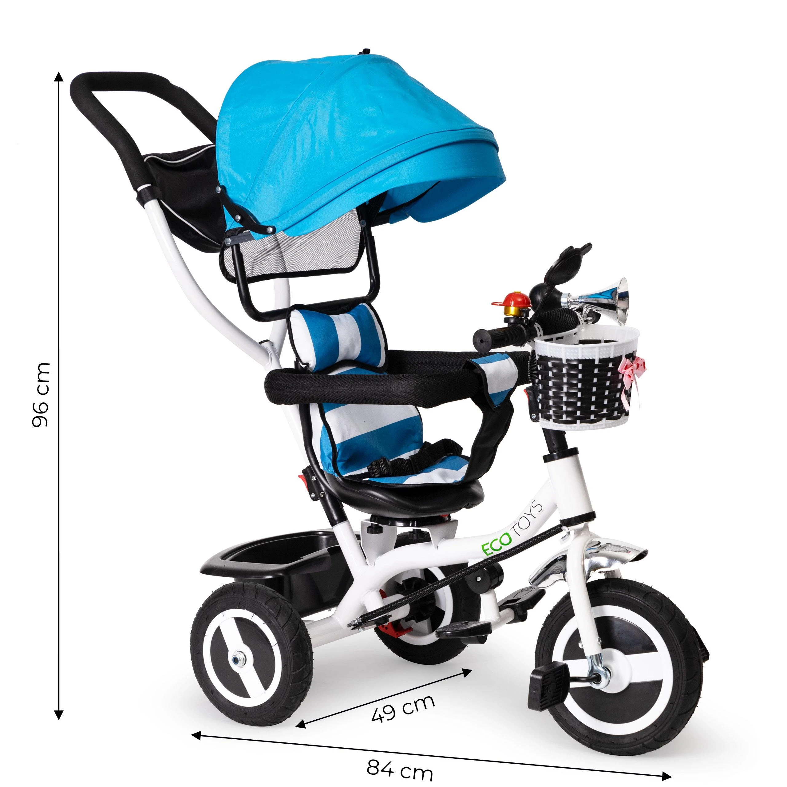 Ecotoys Mėlynas triratukas, ratinis vežimas, besisukantis mėlynas stogas