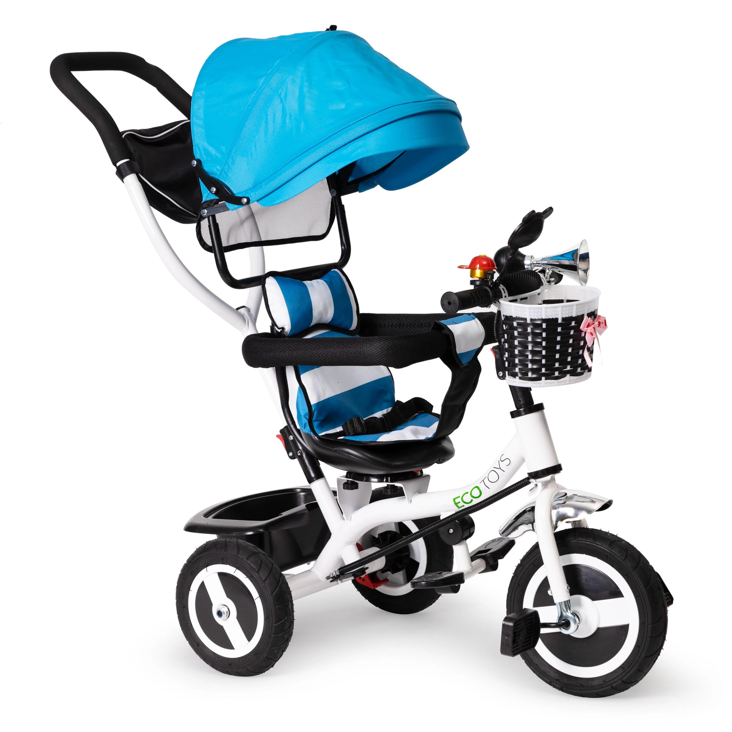 Ecotoys Mėlynas triratukas, ratinis vežimas, besisukantis mėlynas stogas