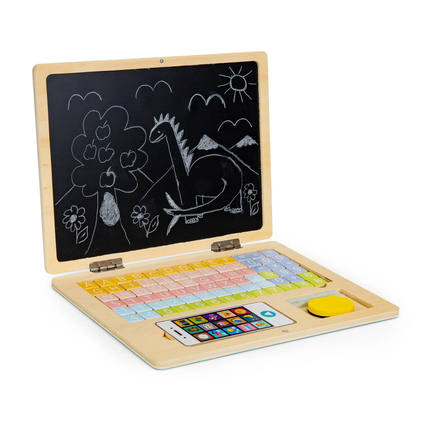 Medinis magnetinis mokomasis lentos nešiojamasis kompiuteris su telefonu ir raidėmis ECOTOYS
