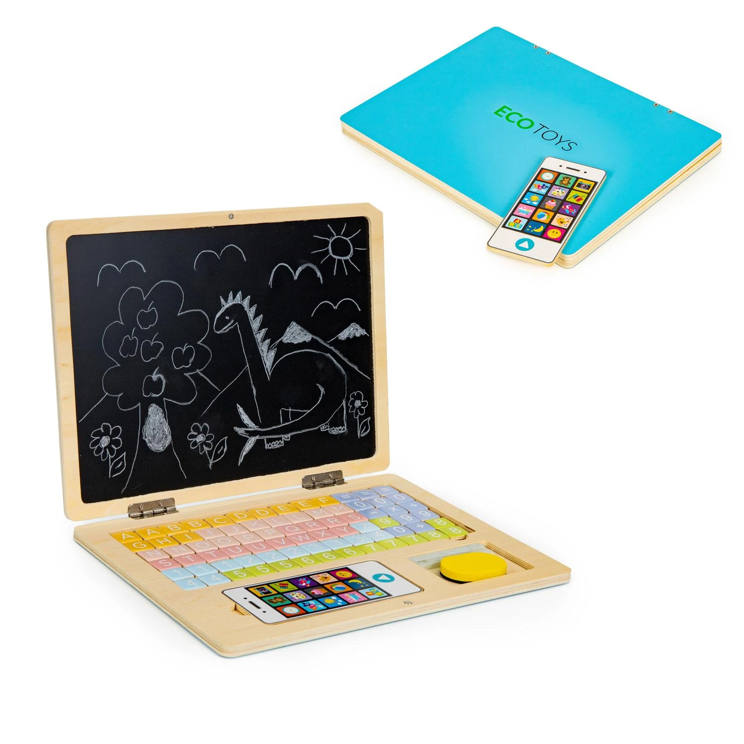 Medinis magnetinis mokomasis lentos nešiojamasis kompiuteris su telefonu ir raidėmis ECOTOYS