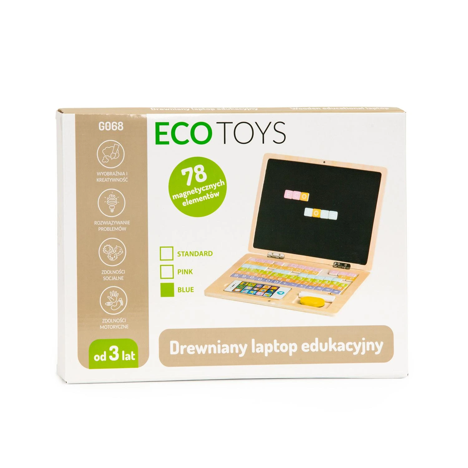 Medinis magnetinis mokomasis lentos nešiojamasis kompiuteris su telefonu ir raidėmis ECOTOYS