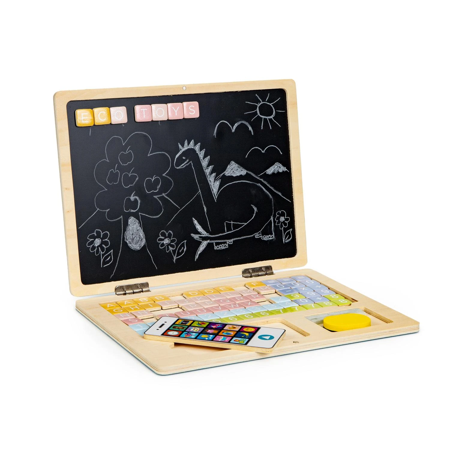Medinis magnetinis mokomasis lentos nešiojamasis kompiuteris su telefonu ir raidėmis ECOTOYS