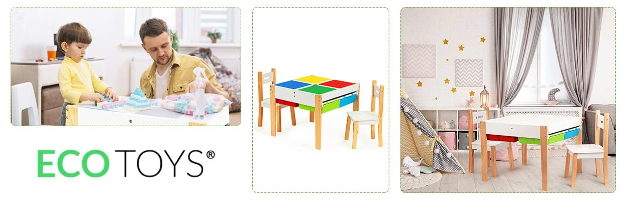 Ecotoys Mediniai baldai vaikams komplektas stalas + 2 kėdės