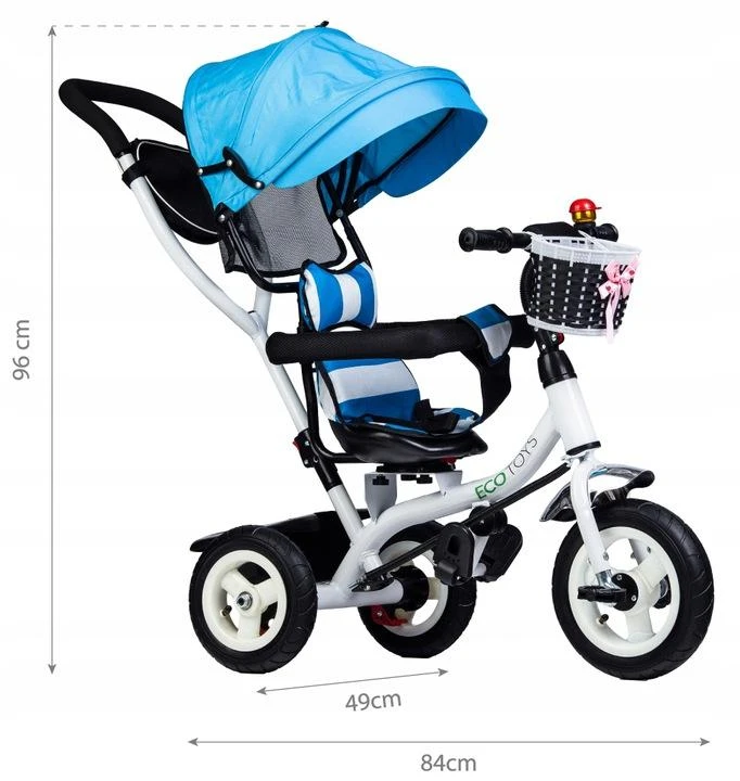 Ecotoys Mėlynas triratukas, ratinis vežimas, besisukantis mėlynas stogas