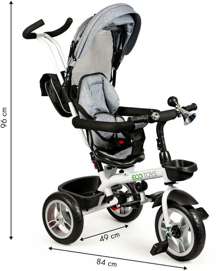 Ecotoys Besisukantis triratukas su gaubtu 360° Pilka